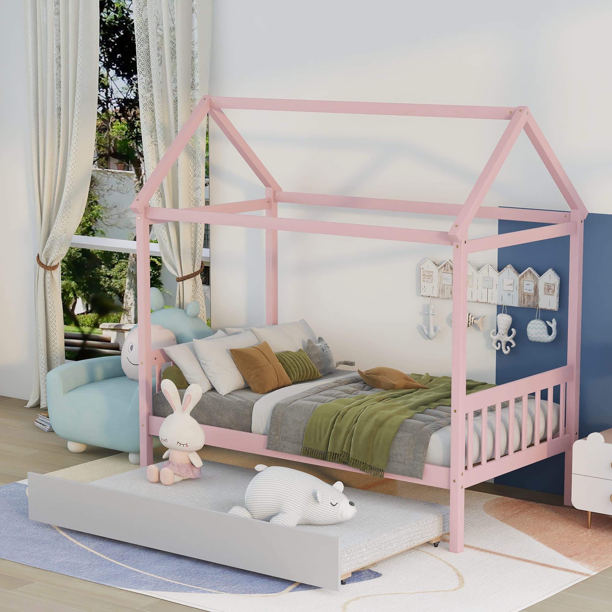 Harper & Bright Designs Twin House Bed with Trundle - Wooden Twin Size Daybed for Kids, Boys & Girls - Platform Bed Frame with Roof - Pink & White Cabin Bed for Bedroom - Perfect for Small Spaces, Sleepovers & Kids' Room Decor
