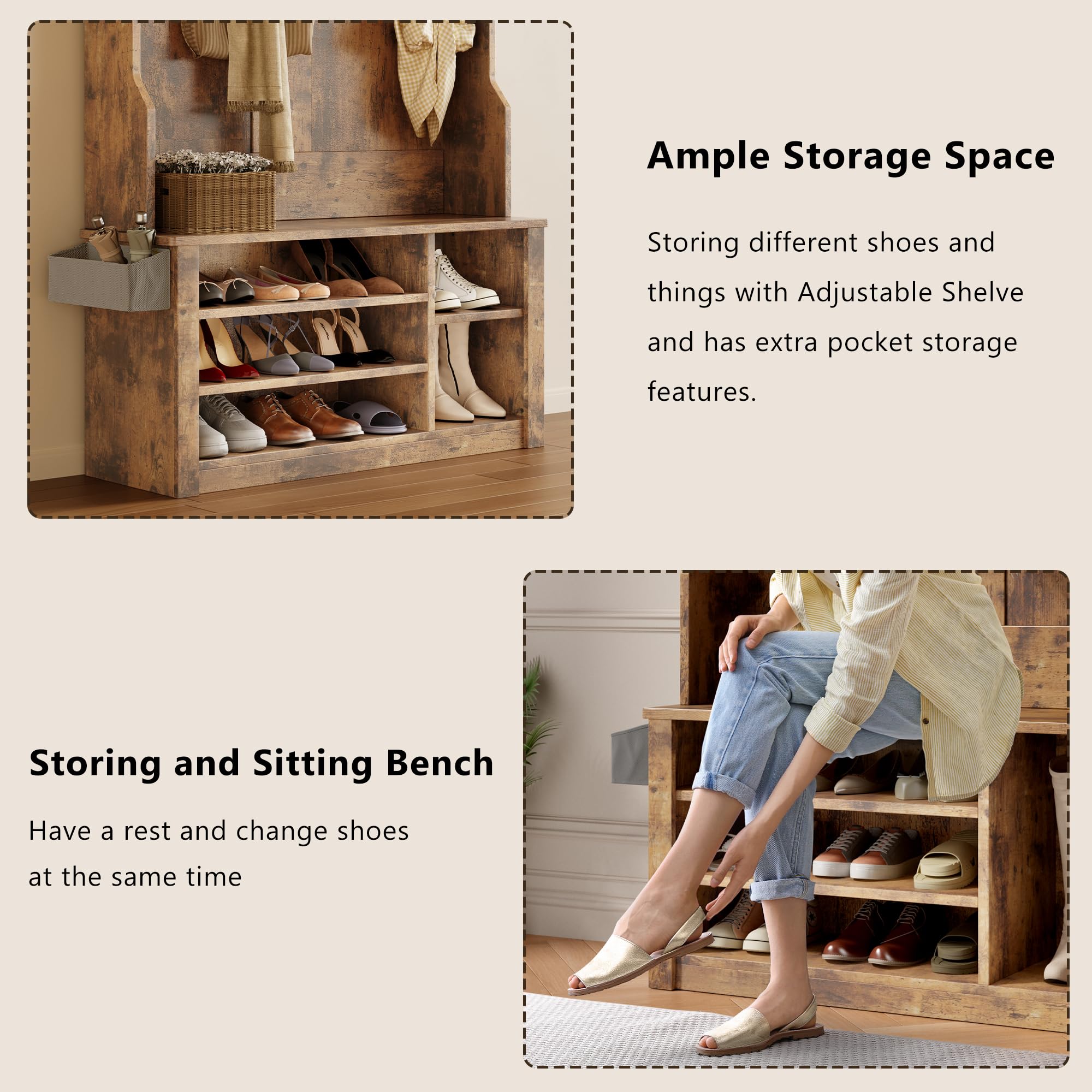Aiho 3-in-1 Entryway Hall Tree with Bench, Coat Rack & Adjustable Shoe Storage | 2-Tier Top Shelf | Rustic Brown | Perfect for Hallway, Foyer, Bedroom & Small Space Organization