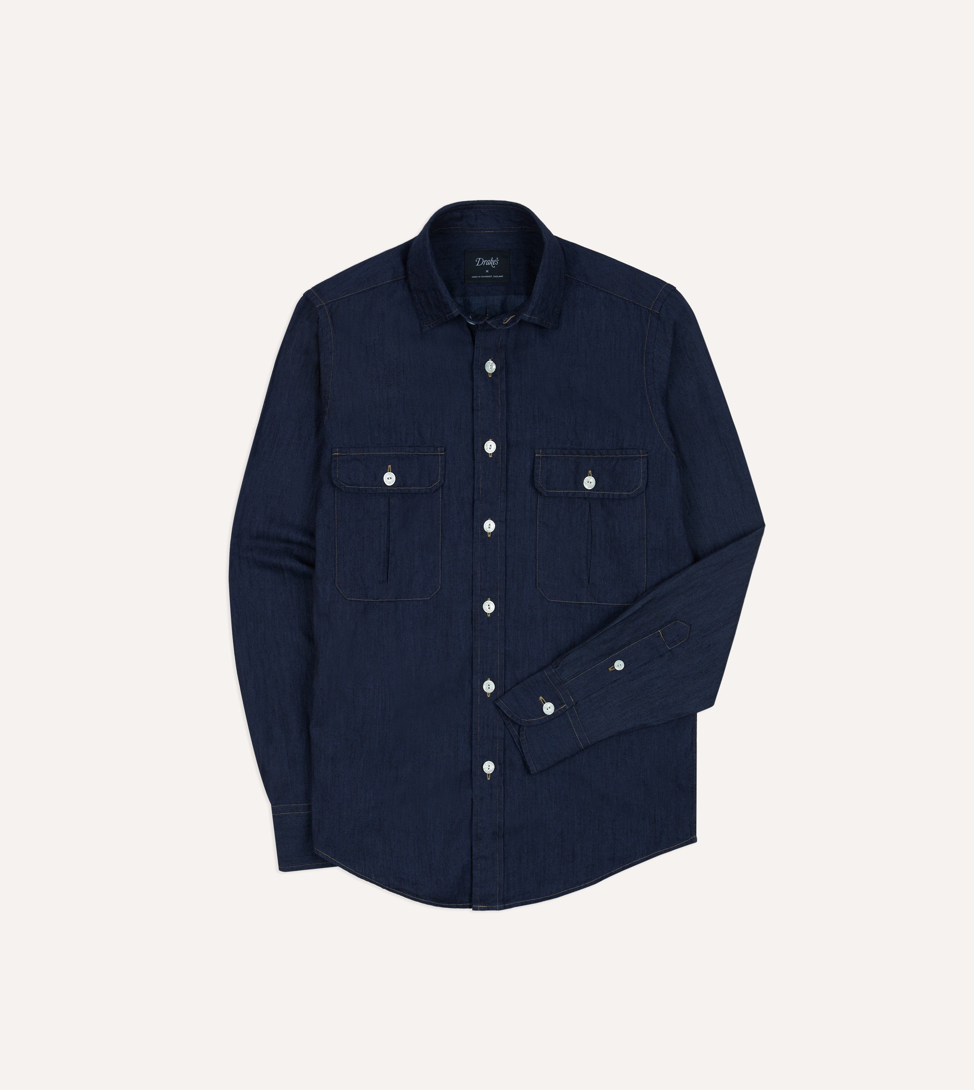 Men's Navy Blue Cotton Linen Work Shirt with Two Chest Pockets - Durable & Breathable for Construction, Gardening & Outdoor Activities