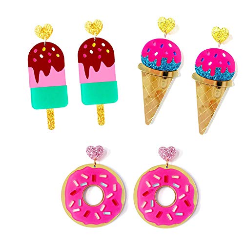 Funny Cartoon Acrylic Donut Dangle Drop Earrings - Cute Food Imitation Popsicle Ice Cream Jewelry for Women & Teen Girls - Colorful Statement Earrings for Parties, Gifts & Everyday Wear