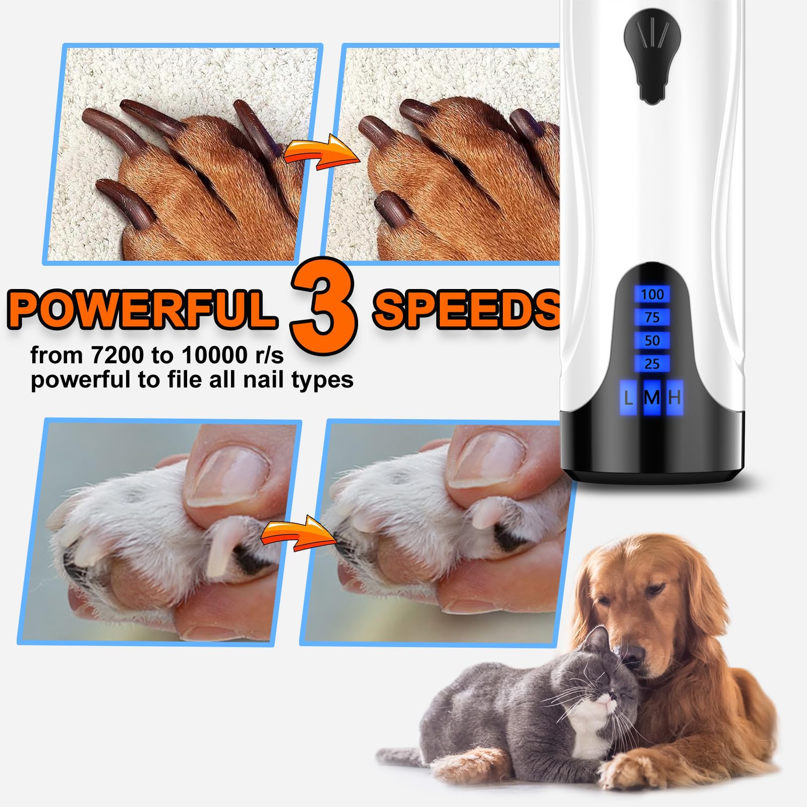 YABIFE Rechargeable Dog Nail Grinder & Clippers Kit - Super Quiet Pet Nail Trimmer for Small & Large Dogs & Cats - 3 Speed Adjustable with Extra Grinding Wheel - Perfect for At-Home Grooming & Professional Pet Care