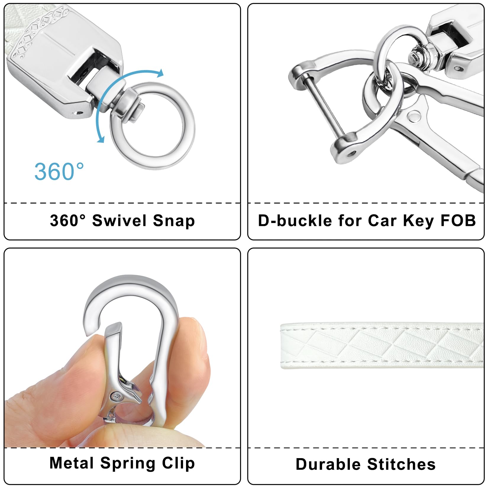 Premium Leather Wristlet Keychain - 3 Key Rings & Anti-Lost D-Ring for Car Keys, House Keys & Office Keys (White Silver) | Perfect for Everyday Carry, Travel & Organization