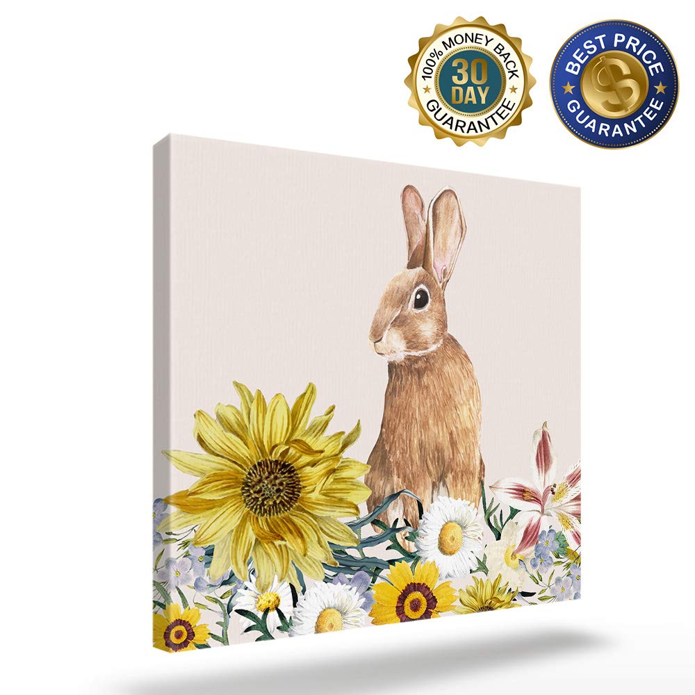 Sunflower Rabbit Easter Day Square Canvas Wall Art - 24x24in Oil Painting for Bedroom & Living Room Decor - Yellow Flower Home Wall Decor Without Frame - Perfect for Spring Decorations & Easter Gift Ideas