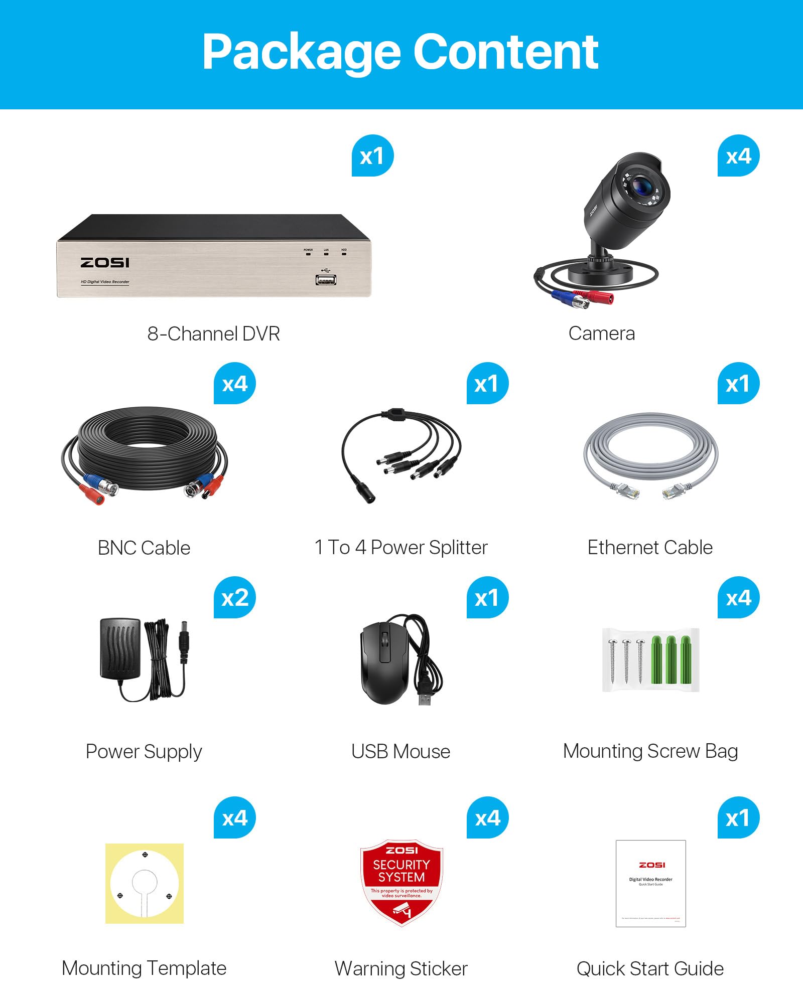 ZOSI 3K Lite Security Camera System Indoor Outdoor with AI Human/Vehicle Detection - 4pcs 1080P Weatherproof Surveillance Cameras, Night Vision & Remote Access - 8CH H.265+ CCTV DVR (No HDD) - Perfect for Home Security, Business Monitoring & Property Protection