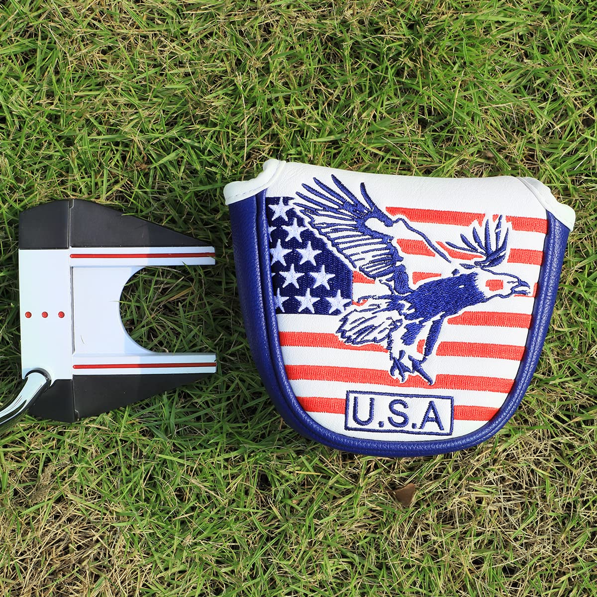 Premium Golf Putter Cover - Synthetic Leather Mallet & Blade Putter Headcover with Magnetic Closure - USA Patriotic Style - Perfect for Protecting Golf Clubs During Storage & Travel