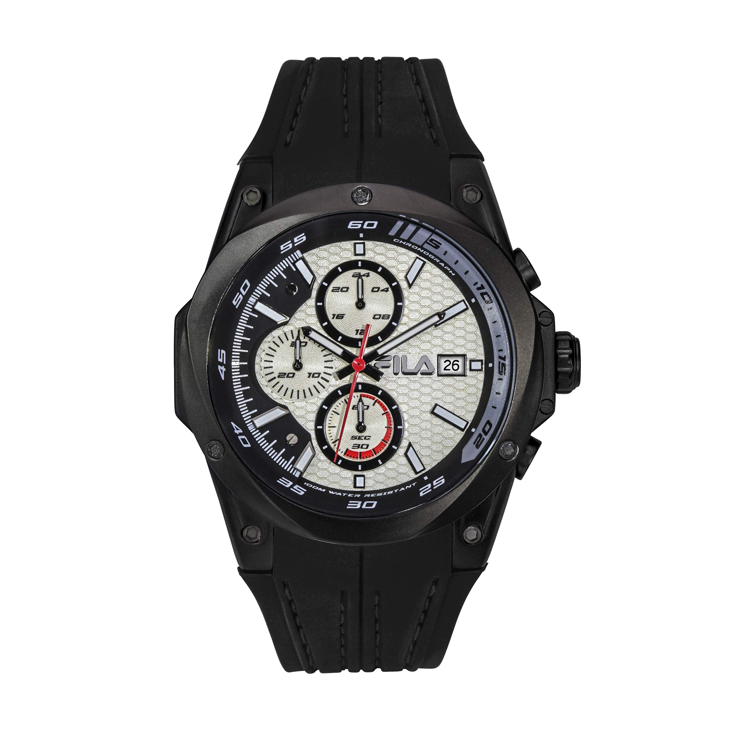 FILA Men's Chronograph Watch - Waterproof Mechanical Sports Watch for Running & Outdoor Activities - Black & Silver Stainless Steel Watch for Men - Durable & Stylish Men's Wristwatch for Daily Wear & Fitness Tracking