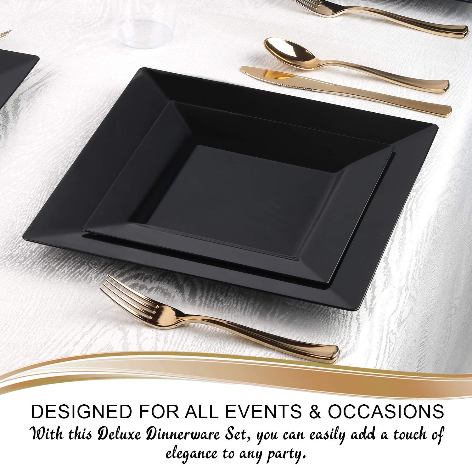 60-Piece Disposable Plastic Dinnerware Set - Square Black Plates, Dessert Plates, Silverware & Cups for Parties, Weddings & Events | Elegant & Convenient Tableware for Any Occasion