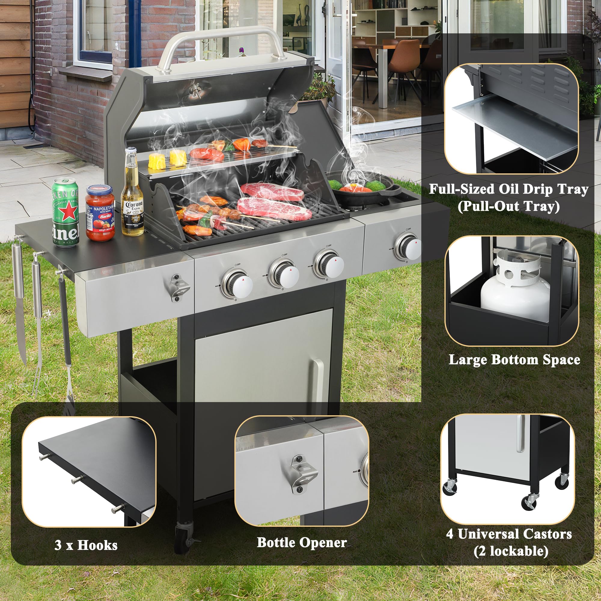 **3+1 Burner Propane Gas BBQ Grill with Side Burner & Enameled Cast Iron Grids – 37,230 BTU Stainless Steel Outdoor Grill for Backyard, Patio, Camping & Tailgating – Perfect for Grilling, Smoking & Entertaining**