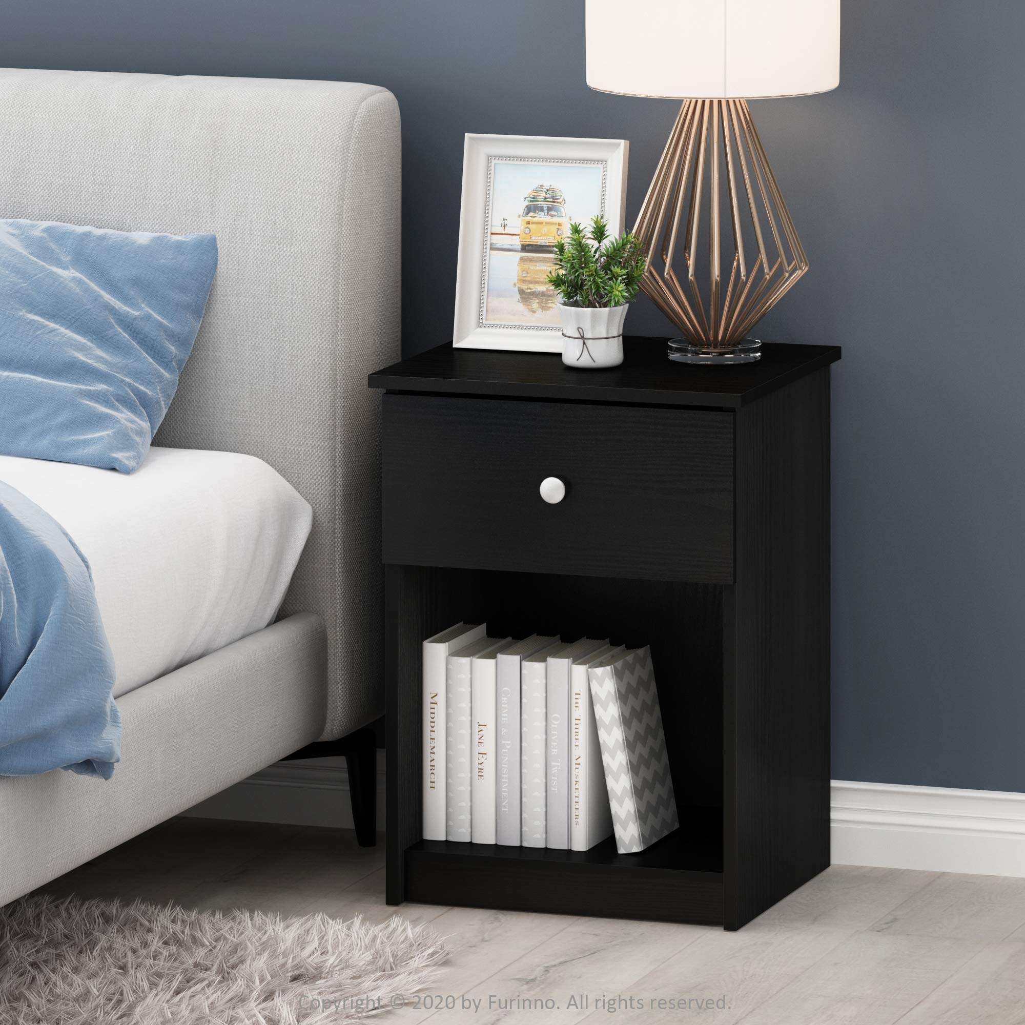 Furinno Tidur Nightstand Set of 2 - Black Oak Finish Bedside Table with Storage Shelf | Perfect for Bedrooms, Guest Rooms & Small Spaces