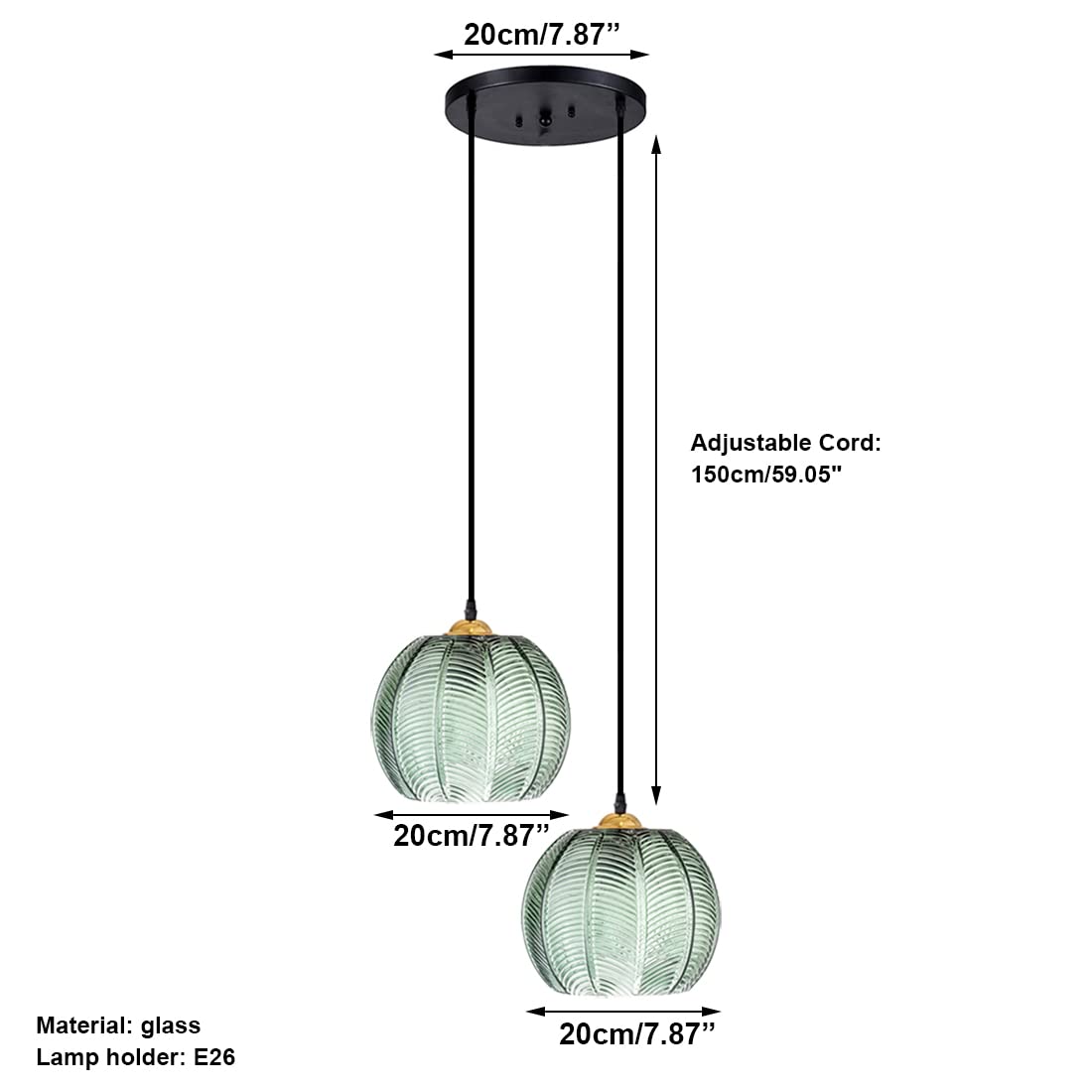 Modern 2-Light Glass Pendant Light Fixture with Green Ribbed Glass Shade - Stylish Globe Chandelier for Kitchen Island, Dining Room, Living Room & Bedroom - Perfect for Home Decor, Restaurant Lighting and Commercial Spaces
