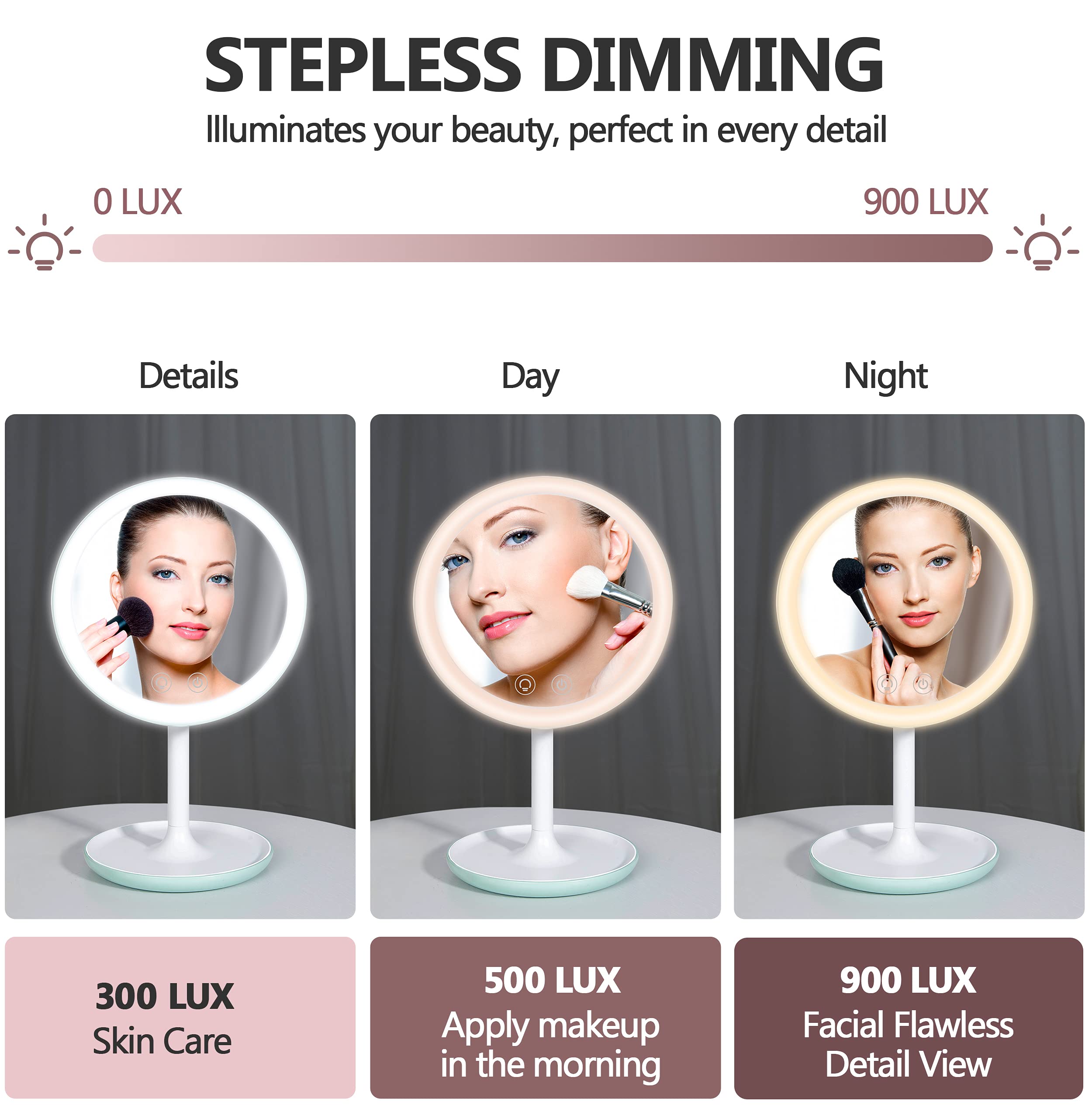 LED Makeup Mirror with Lights & 10X Magnification - Adjustable Brightness Touch Control Vanity Mirror with Stand, USB Charging, for Home, Bathroom, Dressing Table & Travel Use