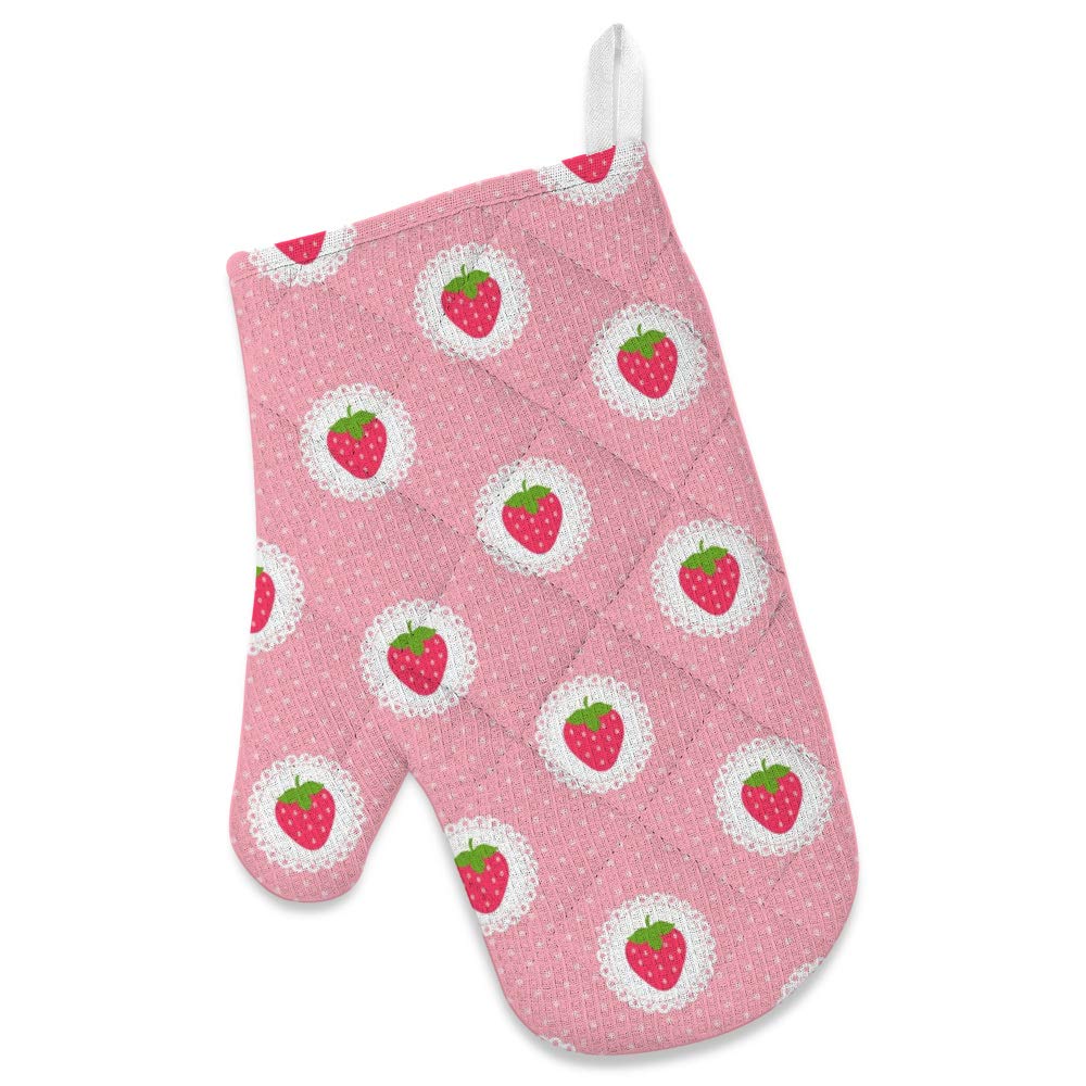 Kuizee 3-Piece Kitchen Apron Set with Strawberry Print - Soft Pink Polkadot Insulated Apron, Oven Mitts & Microwave Pads - Cooking, Baking, BBQ Accessories - Machine Washable - Perfect for Home Chefs & Gift Giving