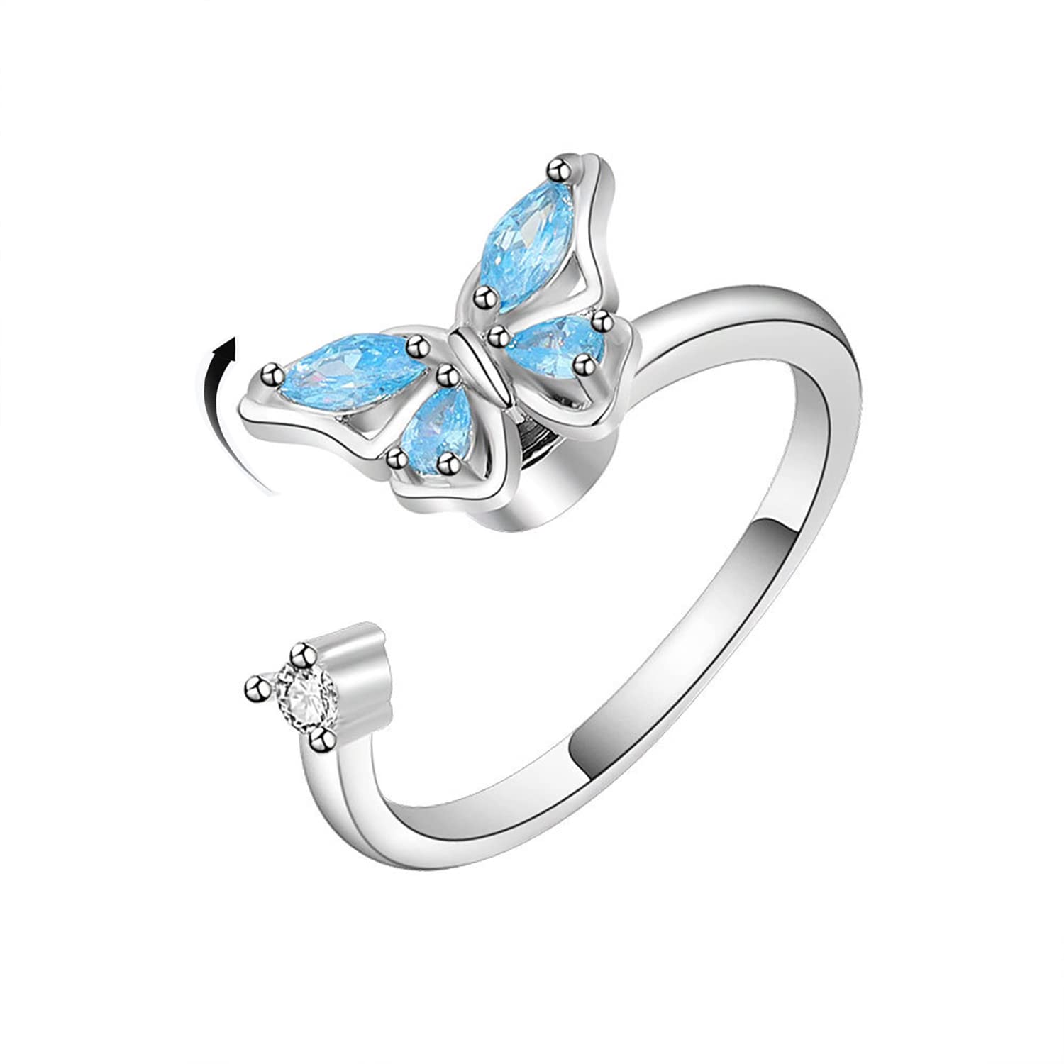 Anxiety Relief Spinner Ring for Women - Adjustable Butterfly Fidget Ring with Sunflower & Moon Star Design - Evil Eye Anti-Anxiety Jewelry - Silver Adjustable Stress Relief Ring for Teen Girls & Adults - Perfect for Anxiety Management, Office Stress, and Classroom Focus
