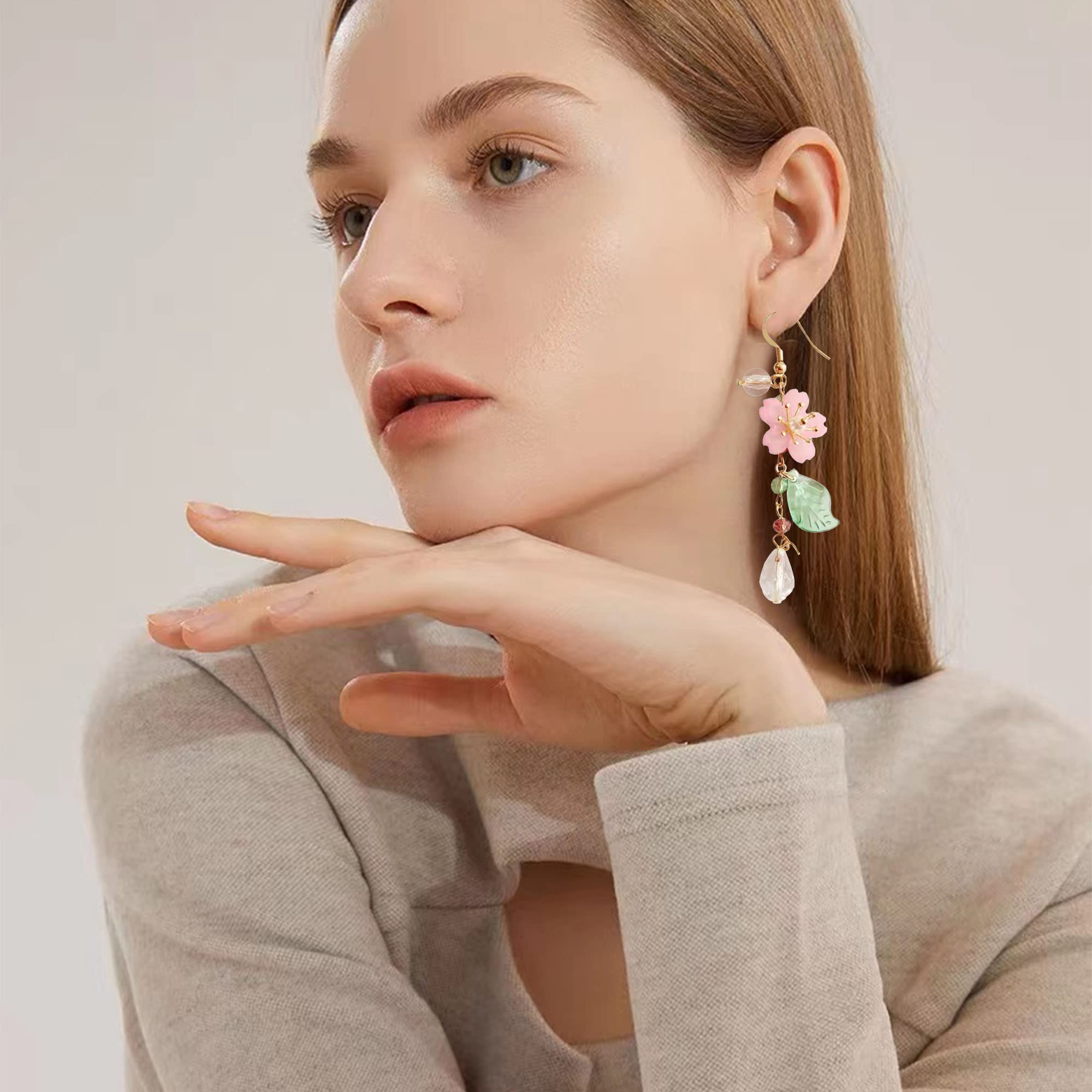 Pink Flower Tassel Dangle Earrings for Women - Pearl & Sakura Leaf Statement Jewelry | Perfect for Summer, Beach Vacations, Boho Fashion & Fairy-Themed Outfits
