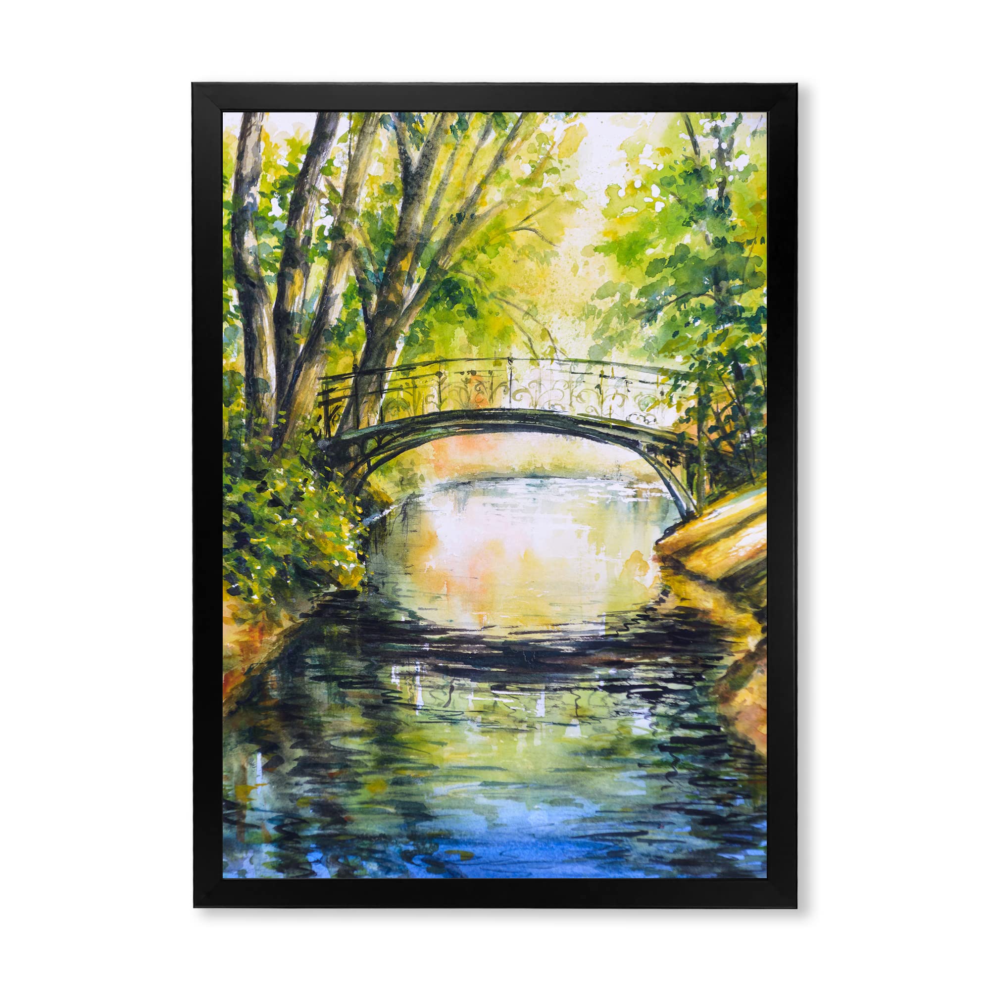 DesignQ Bridge Over Troubled Water Forest Park Lake House Framed Wall Art - Nature Inspired Home Decor for Living Room, Bedroom & Office