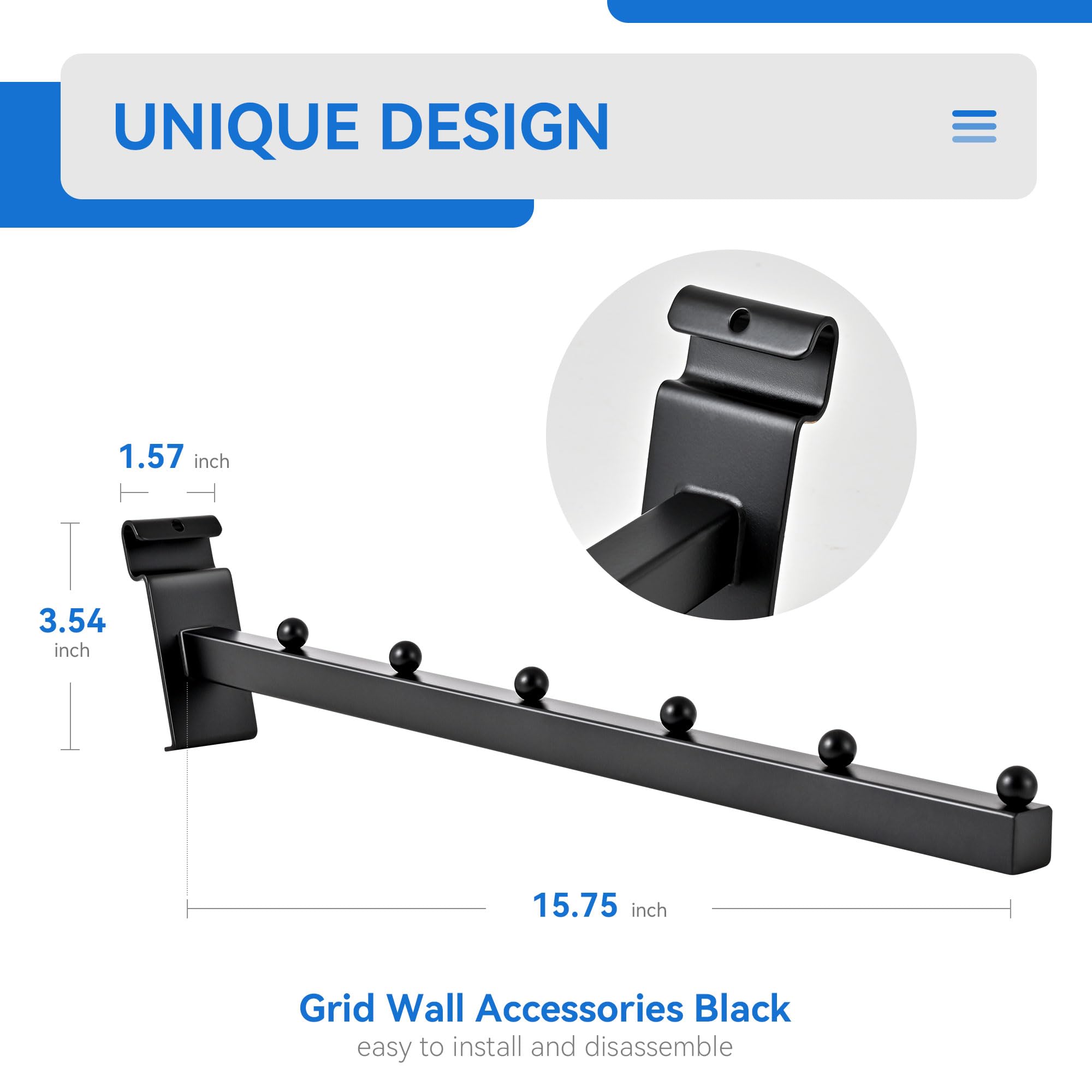 6 Ball Waterfall Grid Wall Hooks - Black Set of 4 - Heavy Duty Wire Grid Wall Hangers for Clothing, Shirts, Retail Displays & Vendor Events - Perfect for Store Fixtures, Boutique Racks & Trade Show Merchandising