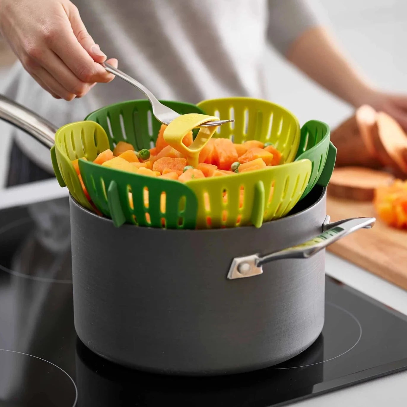 Bloom Folding Steamer Basket - Stainless Steel Vegetable & Dumpling Steamer for Healthy Cooking - Perfect for Stovetop, Instant Pot & Meal Prep