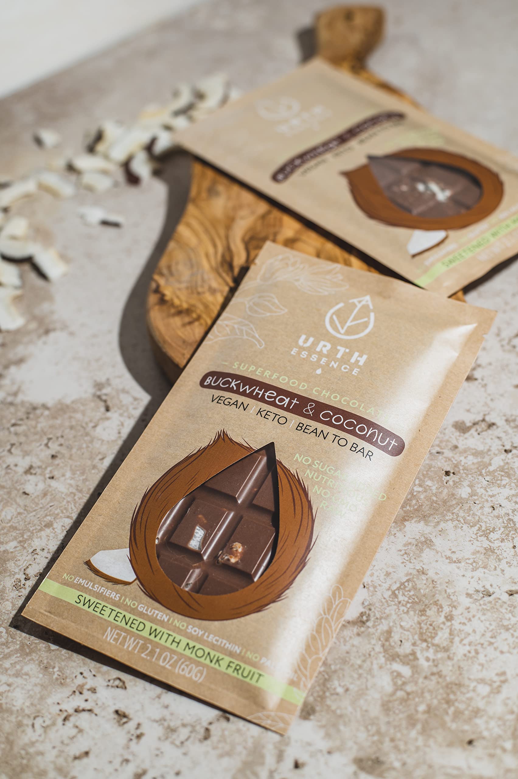 Organic Vegan Chocolate Bars - Sugar Free, Keto Friendly, Dairy Free & Gluten Free Healthy Snacks | Urth Essence Keto Chocolate with Coconut Buckwheat | Perfect for Vegan Gifts, Low-Carb Diet & Healthy Lifestyle