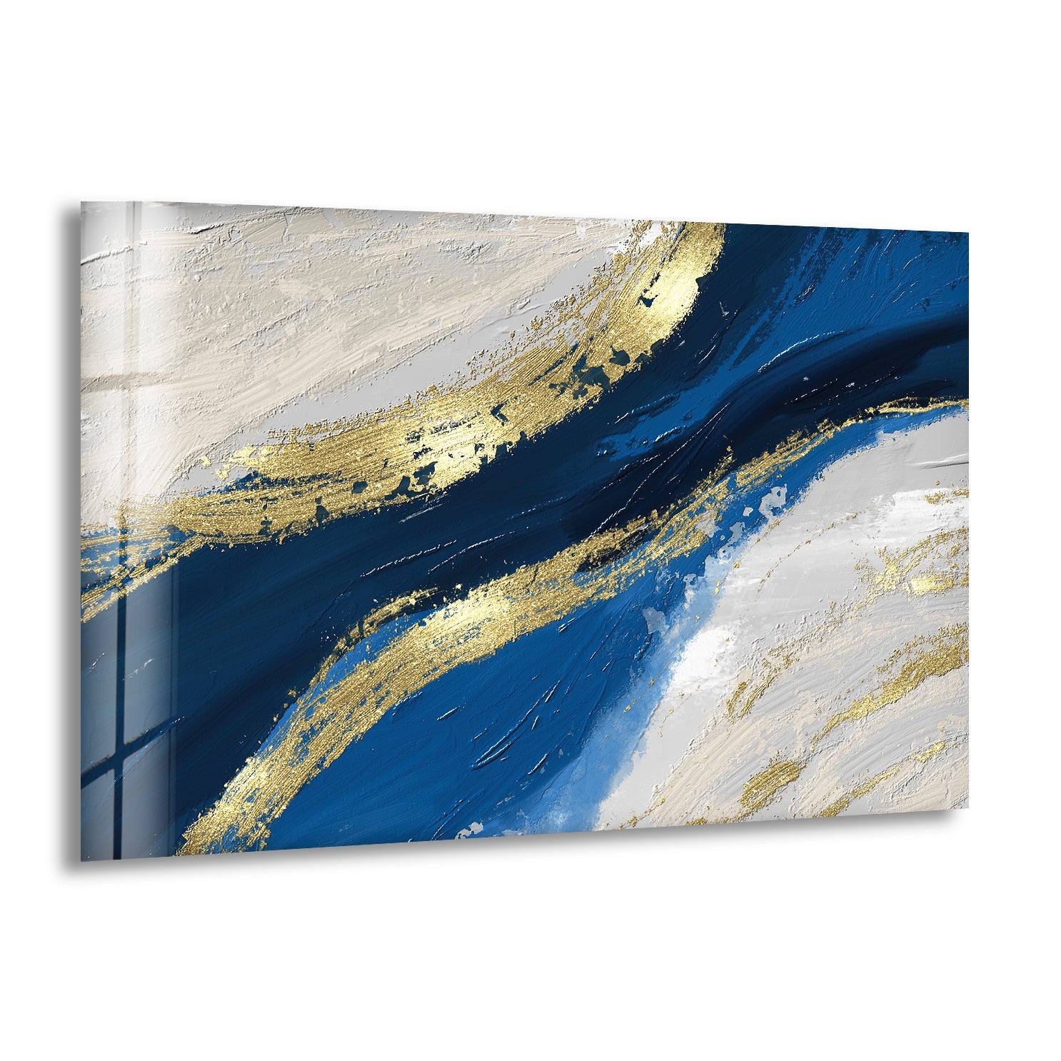Blue and Gold Modern Art Glass Wall Decor - Elegant Handmade Glass Artwork for Living Room, Bedroom & Office Decor