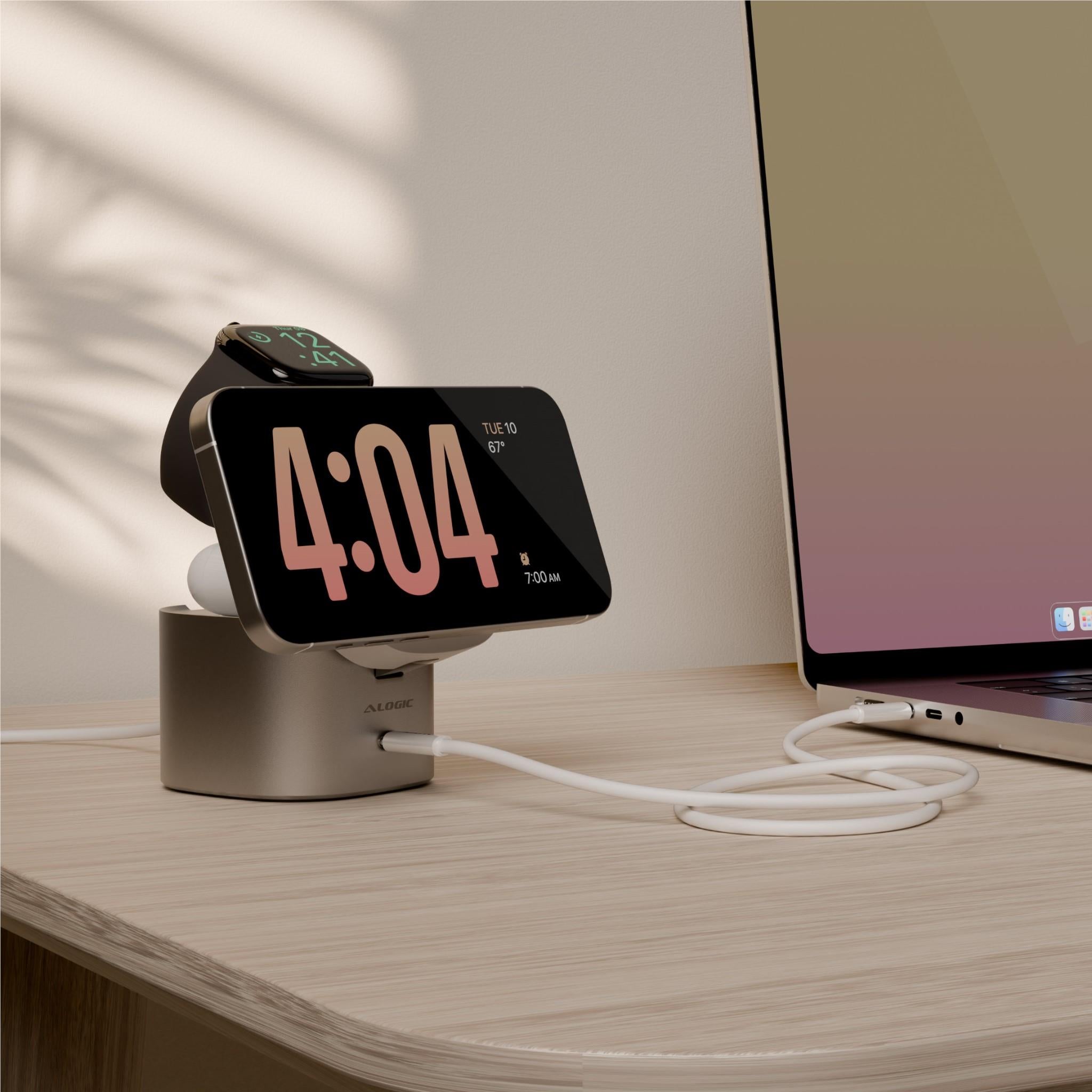 Alogic Powerpod 4-in-1 Qi2 Fast Wireless Charging Stand for iPhone 15/14/13, AirPods, Apple Watch - White | Multi-Device Charging Station for Home, Office & Travel