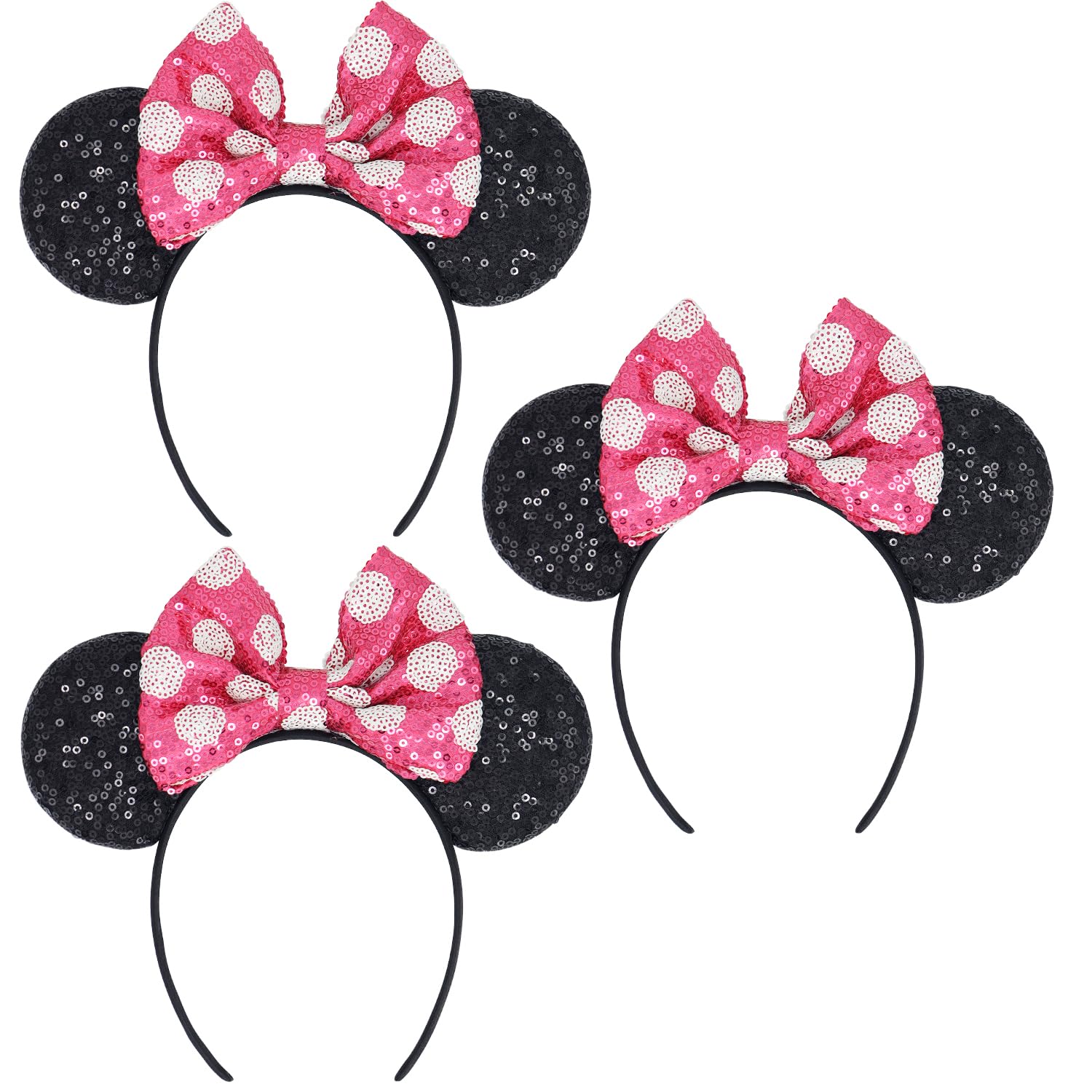 Minnie Mouse Ears Headband with Sequin Bows - 3 Pack Hot Pink Disney Inspired Hair Accessories for Women & Girls | Perfect for Halloween Costumes, Theme Parks, Birthday Parties & Cosplay