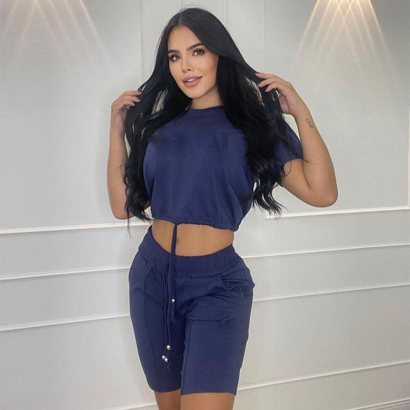 Women's Fashion Short Sleeve Lace-Up Shorts Set - Casual Summer Outfit for Beach, Party & Streetwear