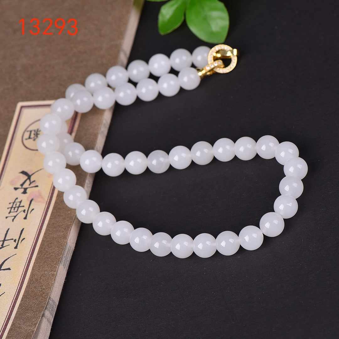 10mm White Jade Bead Necklace with Gold Clasp - Elegant Women's Jewelry for Everyday Wear, Special Occasions & Gift Giving