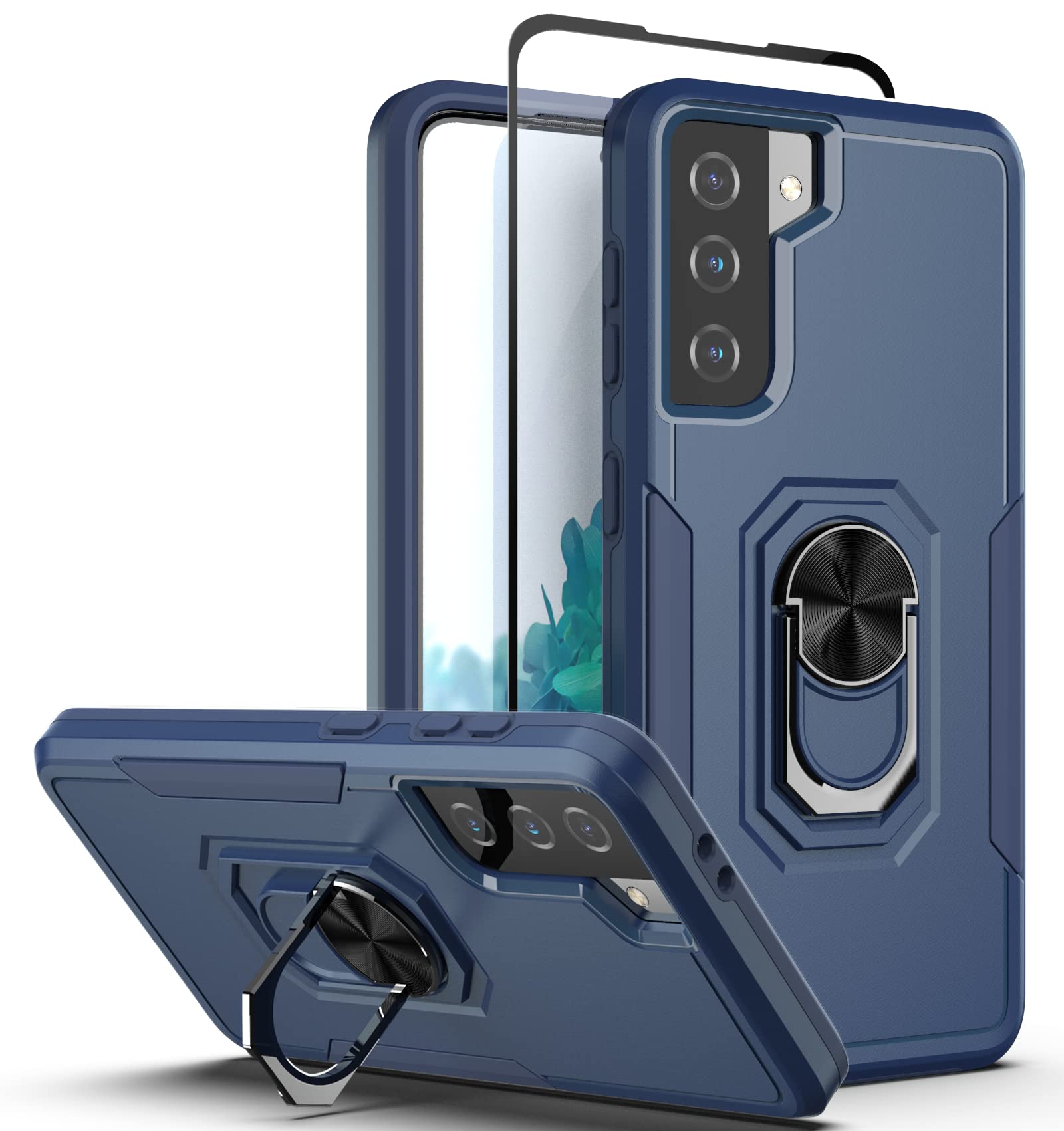 Dretal Samsung Galaxy S21 5G Case with HD Screen Protector - Shockproof Anti-Slip Phone Cover with Ring Kickstand | Dual Layer Protection & Anti-Fingerprint Design | Perfect for Outdoor Activities & Daily Use (6.2
