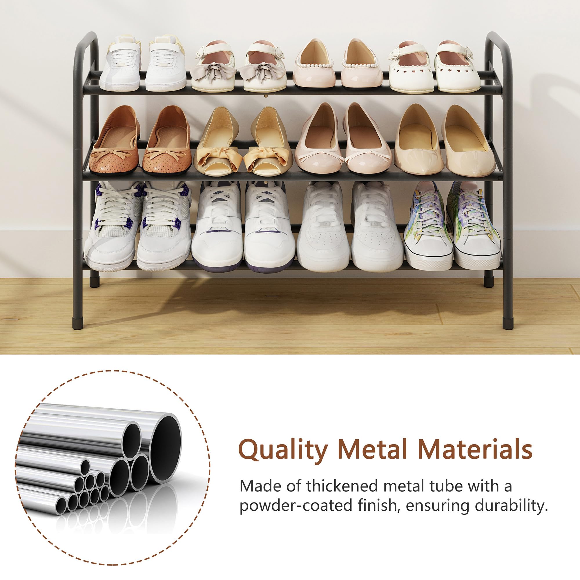 3-Tier Expandable Shoe Rack with Adjustable Width - Sturdy Metal Shoe Shelf Organizer Holds 18 Pairs of Shoes - Space Saving Shoe Storage for Bedroom, Entryway, Closet & Dorm Room - Black