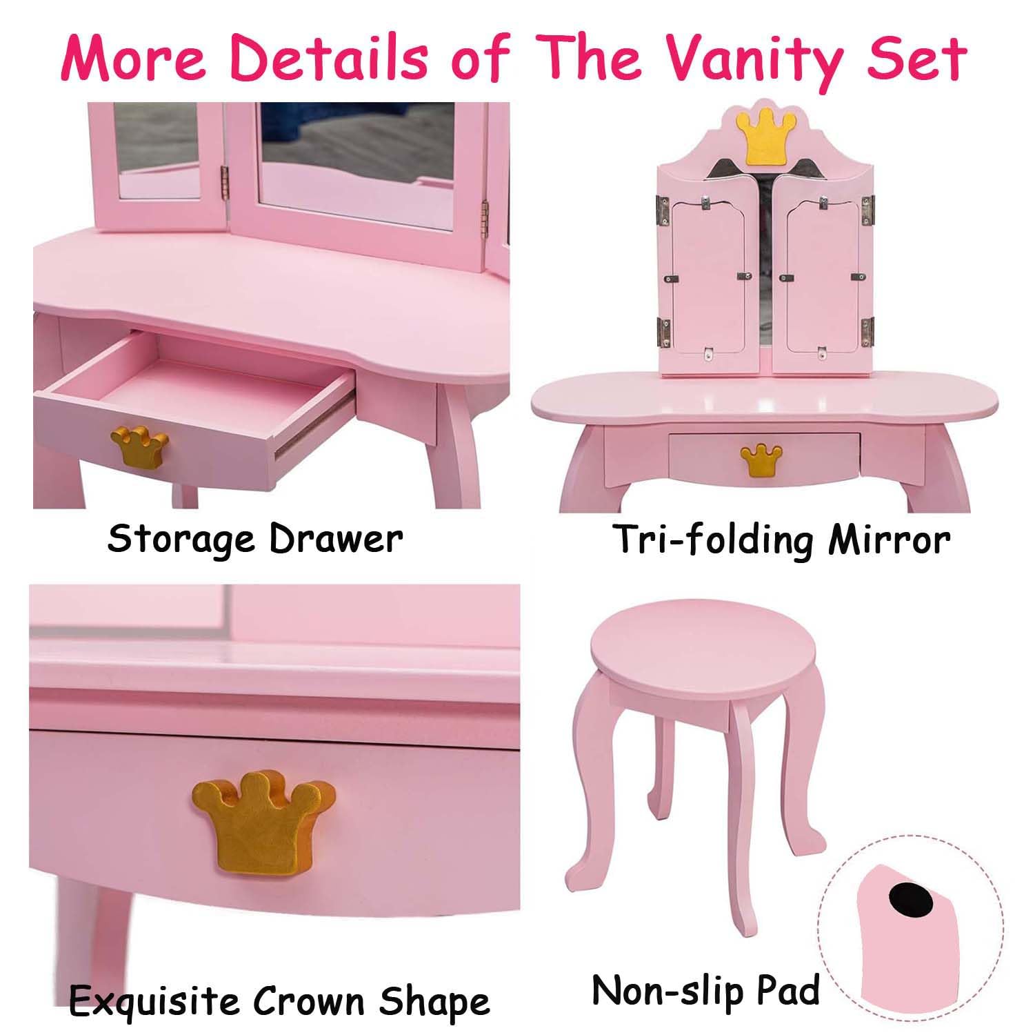 GAOMON Kids Vanity Table with Tri-Fold Mirror, Stool & Storage Drawer - 2-in-1 Wooden Princess Makeup Dressing Desk for Girls, Toddler Pretend Play Vanity Set - Perfect for Bedroom Decor & Imaginative Playtime