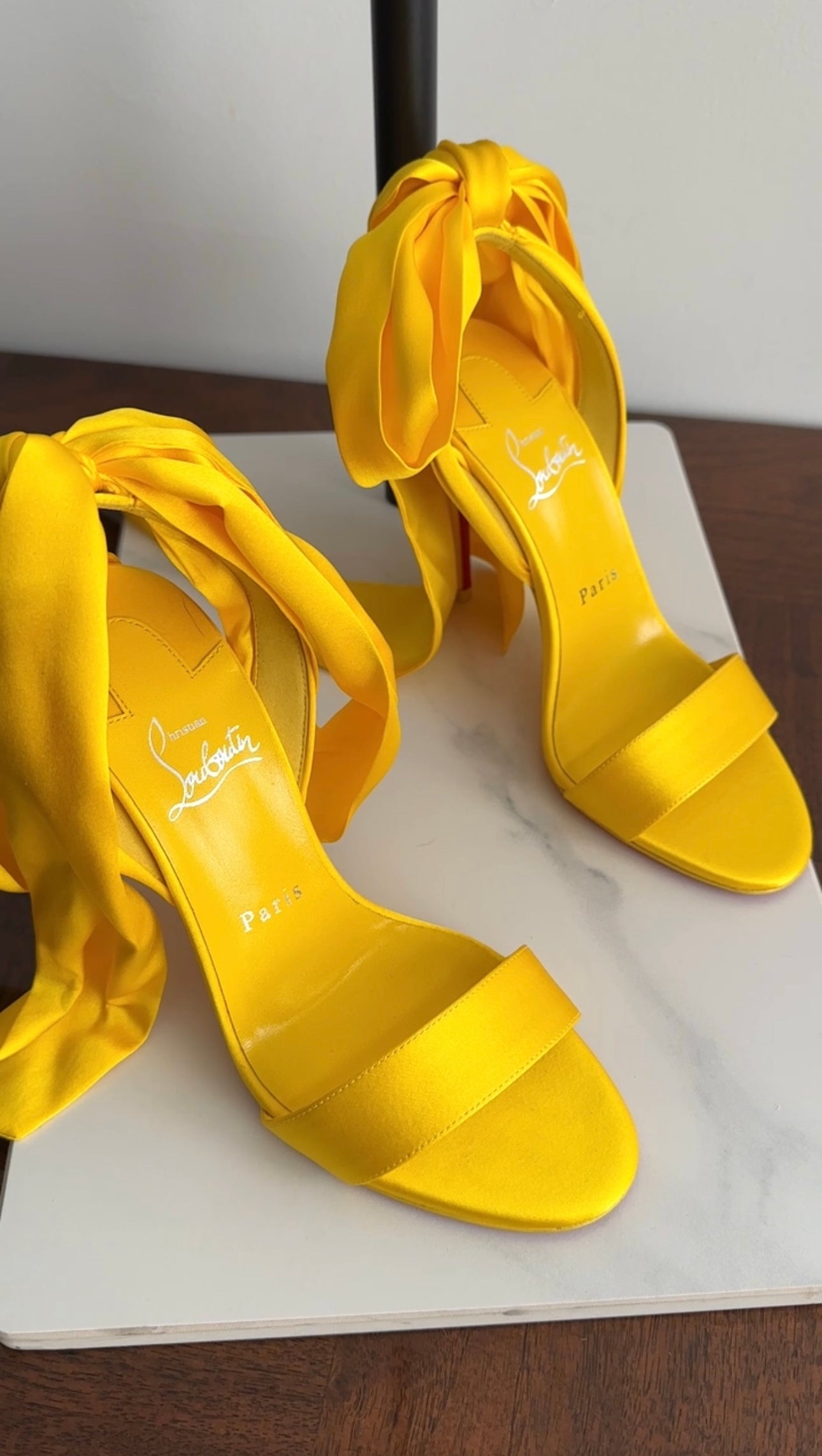 Christian Louboutin Desert Sandal 100mm Yellow Silk Wrapped Heels Size 37.5 - Perfect for Summer Weddings & Beach Vacations