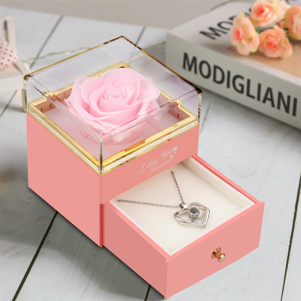 Vanleonet Preserved Pink Real Rose Heart Necklace - Romantic I Love You Jewelry Gift for Mom, Wife, Girlfriend, Grandma - Perfect for Mother's Day, Christmas, Anniversary, Valentine's Day & Special Occasions