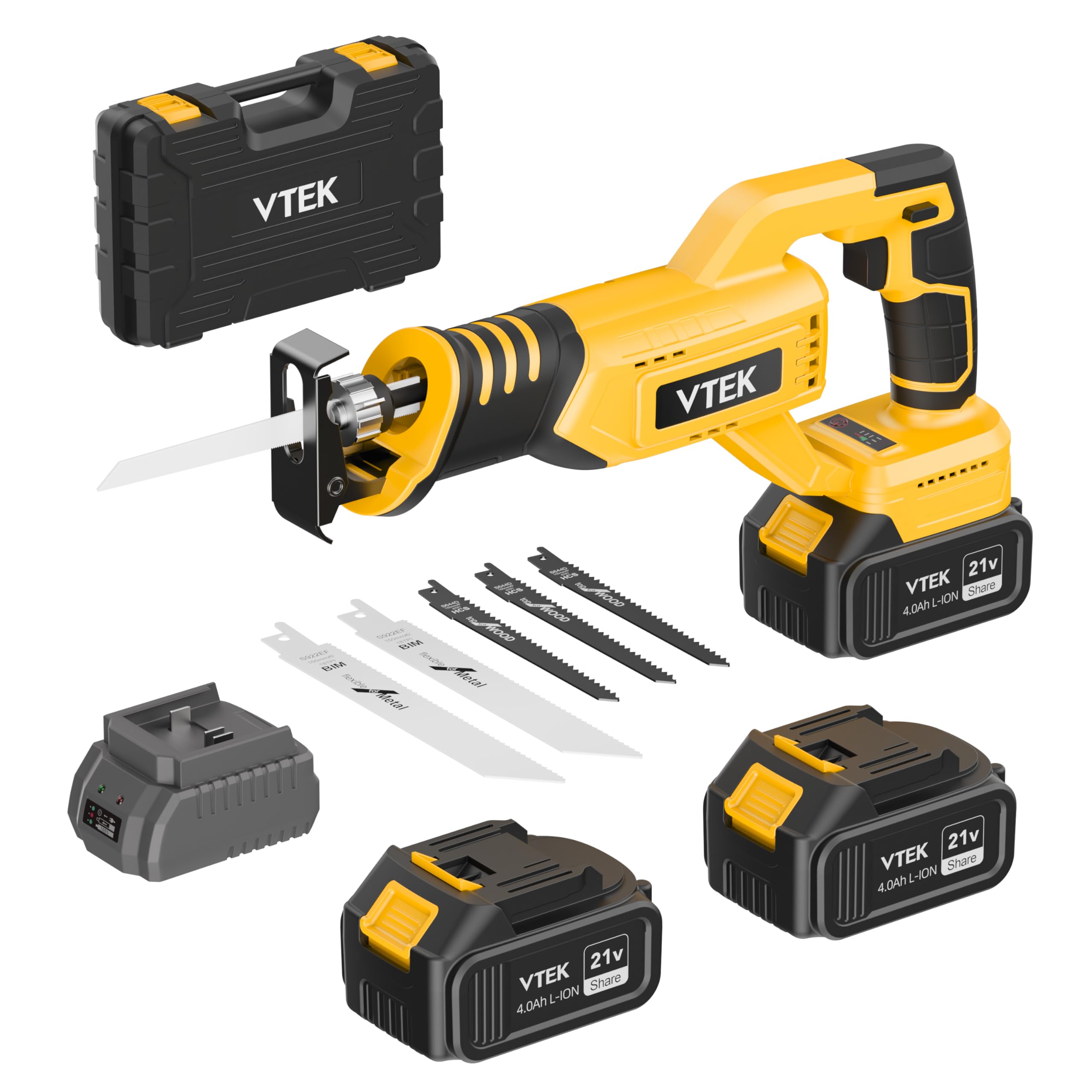 VTEK Brushless Cordless Reciprocating Saw - 3 Speed Settings (0-3000 RPM) for Wood, Metal, Plastic & Brick Cutting | Powerful Cordless Saw for DIY Projects, Construction & Home Renovation