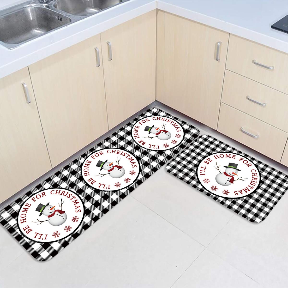 LooPoP Christmas Snowman Kitchen Mats - 2-Piece Non-Slip Anti-Fatigue Floor Rug Set, Washable Cushioned Runner for Holiday Decor (19.7x31.5 + 19.7x63 Inches) - Perfect for Festive Kitchens, Entryways & Winter Home Decor