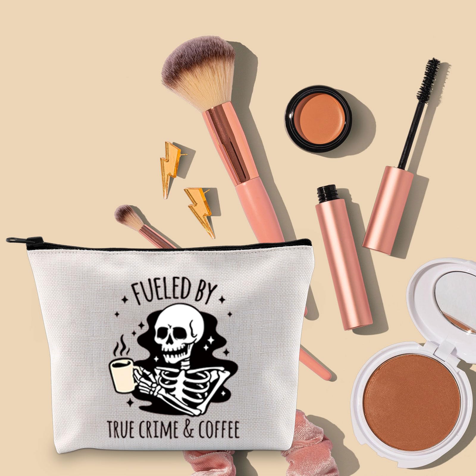 TOBGBE True Crime Inspired Coffee Lover Zipper Pouch - Horror Gift Makeup Bag for Women, Cosmetics Organizer - Perfect for Travel, Work & Daily Use (Crime Coffee Design)