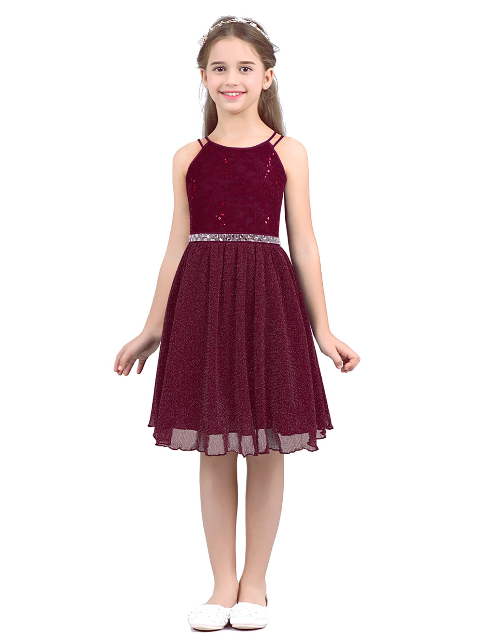 Sparkly Girls Halter Sequins Lace Chiffon Flower Dress for Junior Wedding, Bridesmaid & Prom Party | Elegant Formal Occasion Wear for Teens & Young Adults | Perfect for Special Events, Dances & Celebrations