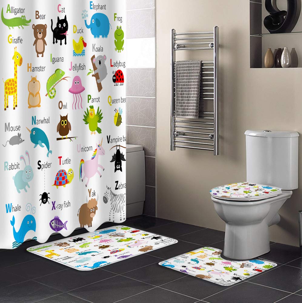 4 Pcs Animal Alphabet Cartoon Shower Curtain Set - Waterproof Bathroom Decor with Non-Slip Rugs, Toilet Lid Cover & Bath Mat - Educational Tool for Kids (36x72 inches) - Perfect for Nursery, Kids' Bathroom & Learning Spaces