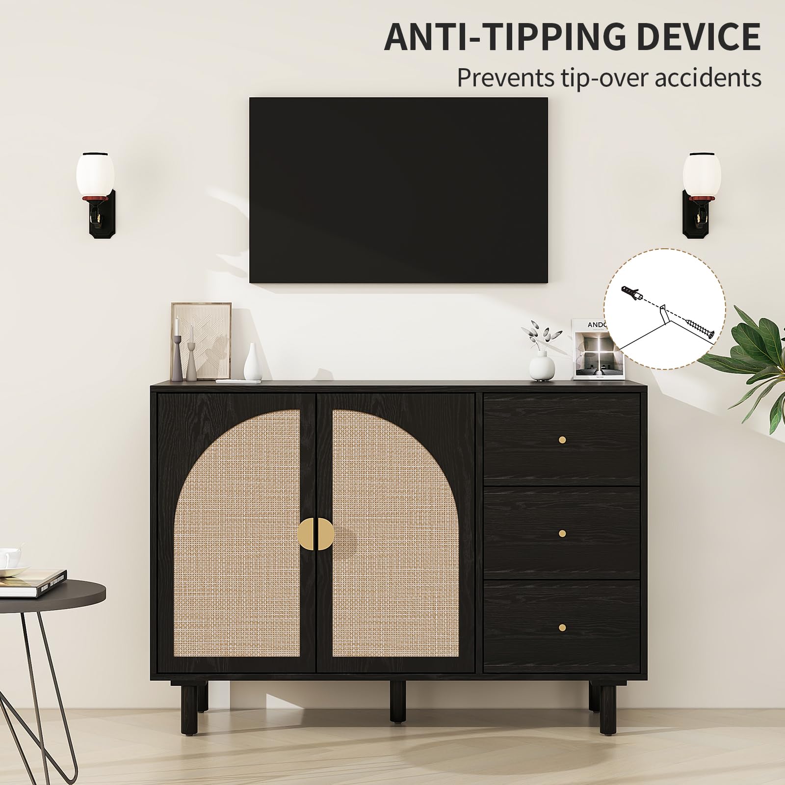 Modern Rattan Sideboard Buffet Cabinet with 2 Doors & 3 Drawers - Adjustable Shelves Storage Console for Living Room, Kitchen, Dining Room - Boho Chic Home Decor Accent Furniture (Black) | Perfect for Entertaining, Displaying Decor & Organizing Dishes