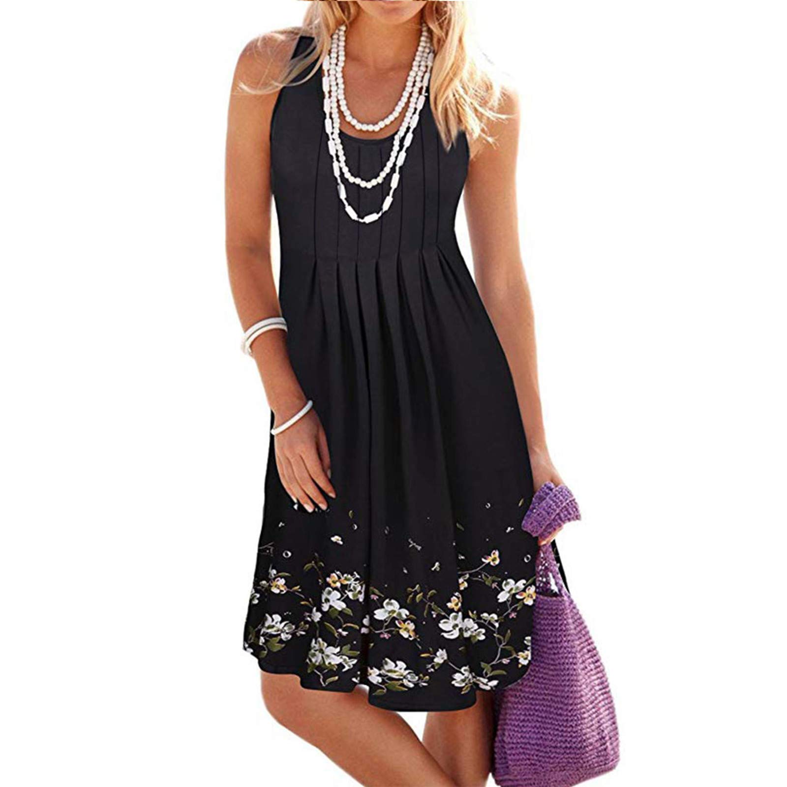 JINF Women's Floral Print Summer Dress - Casual Sleeveless O-Neck Swing Beach Dress | Perfect for Vacation, Pool Party & Summer Outings