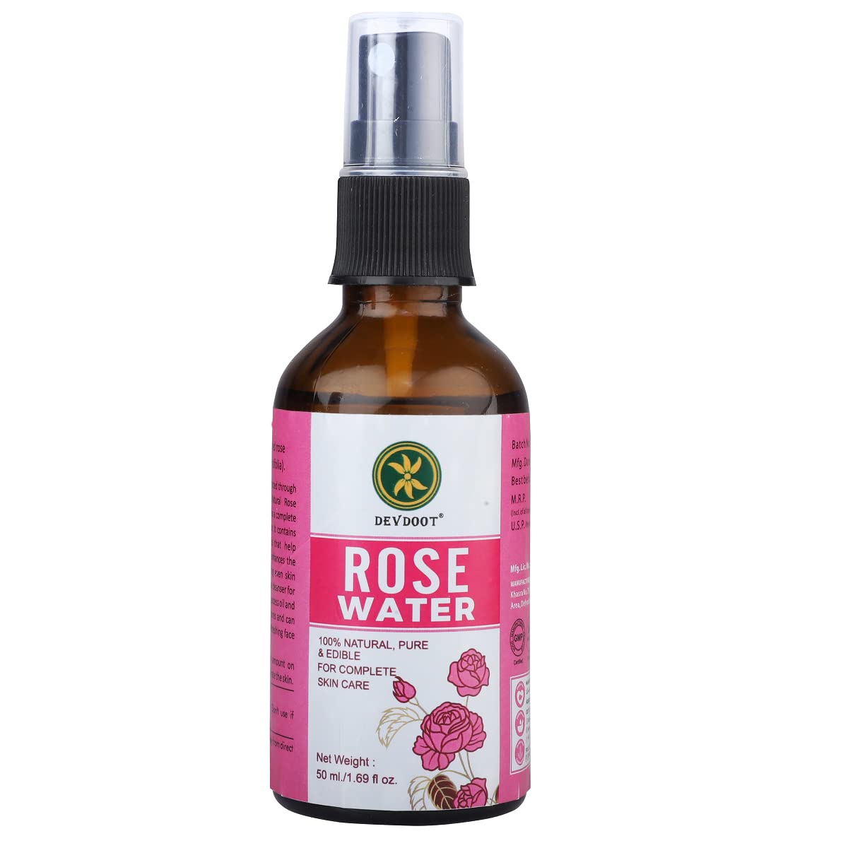 **Devdoot Edible Rose Water 100% Pure Natural (USDA Certified) - 50ml x 2 Pack | Hydrating, Floral Flavor for Drinks, Desserts & Skincare**