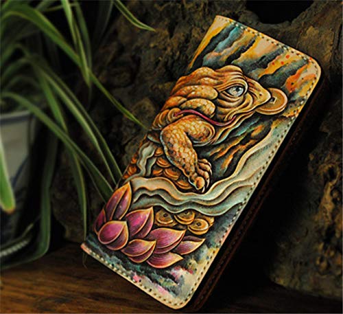 Handmade 3D Genuine Leather Biker Wallet for Men - Custom Engraved & Hand-Painted Long Leather Wallet with Golden Toad Design - Perfect for Motorcycle Riders, Gift Giving & Everyday Use