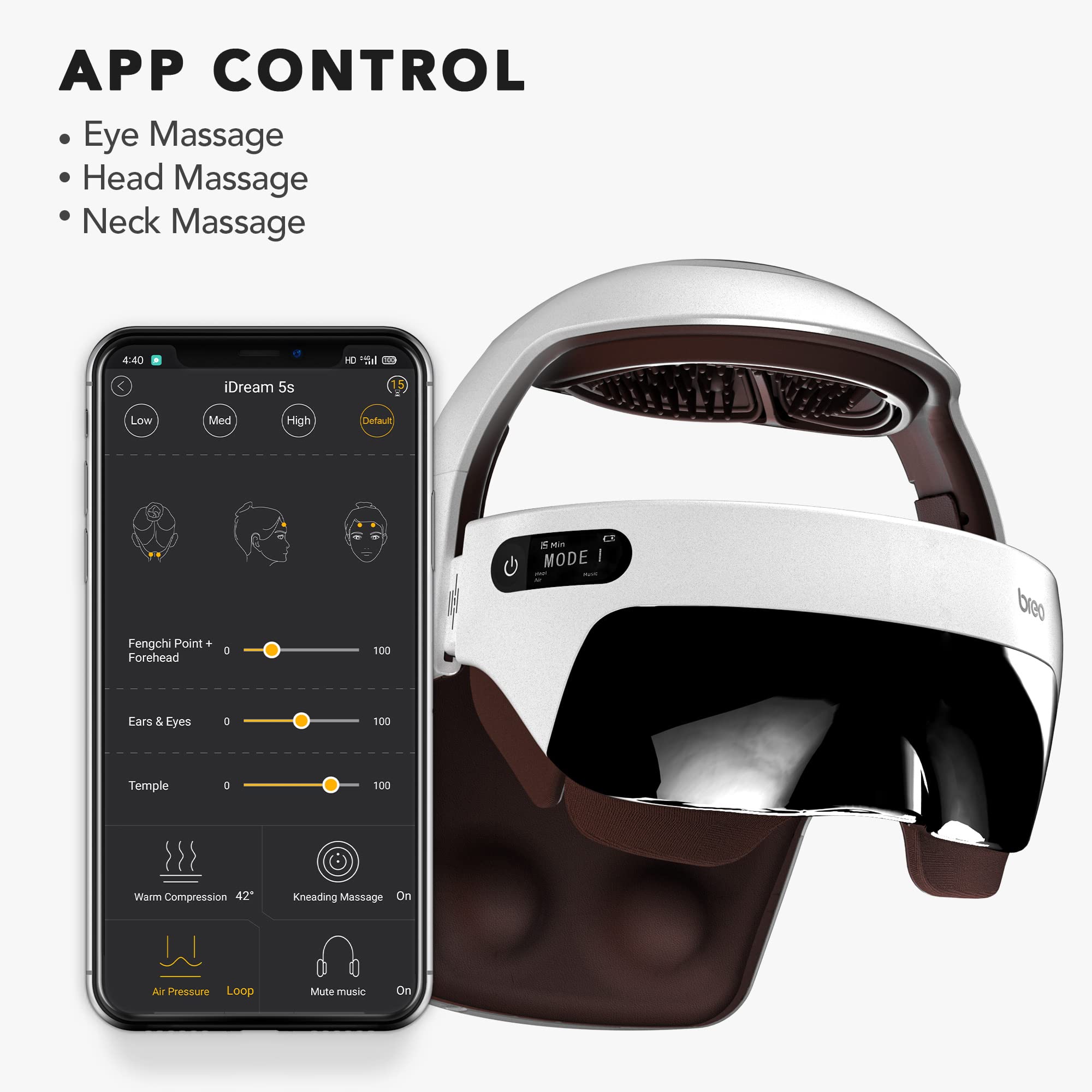 Breo iDream5s Electric Head Massager with Heat Therapy - 3D Kneading & Pressure Relief for Eyes, Neck & Scalp - Smart App Controlled Relaxation Device for Stress Relief & Better Sleep at Home/Office