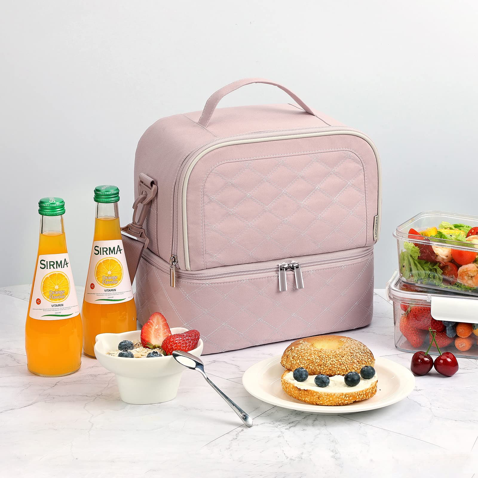 FINDCOZY Women's Insulated Lunch Bag - Double Deck Reusable Lunch Box for Work, School & Picnic - Thermal Food Container for Office, College & Outdoor Activities - Pink