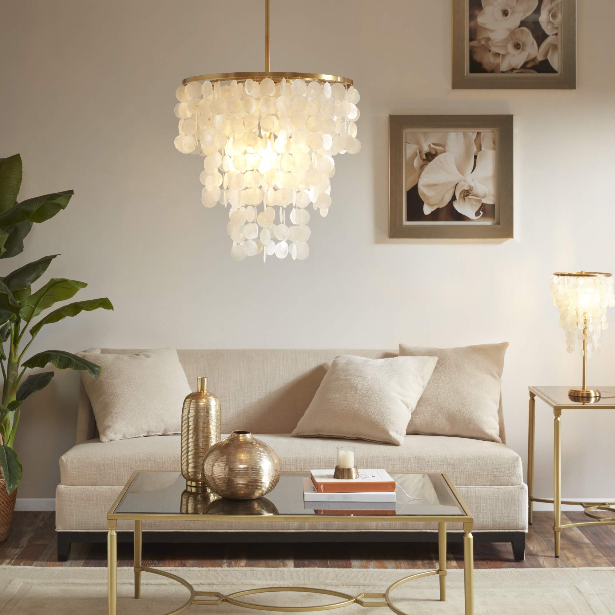 Urban Habitat Isla Capiz Chandelier - Modern Coastal Ceiling Light with White Shell Shade, Dimmable Hanging Fixture for Dining Room & Living Room Lighting | Perfect for Beach House Decor, Coastal Home Design and Boho Interior Style