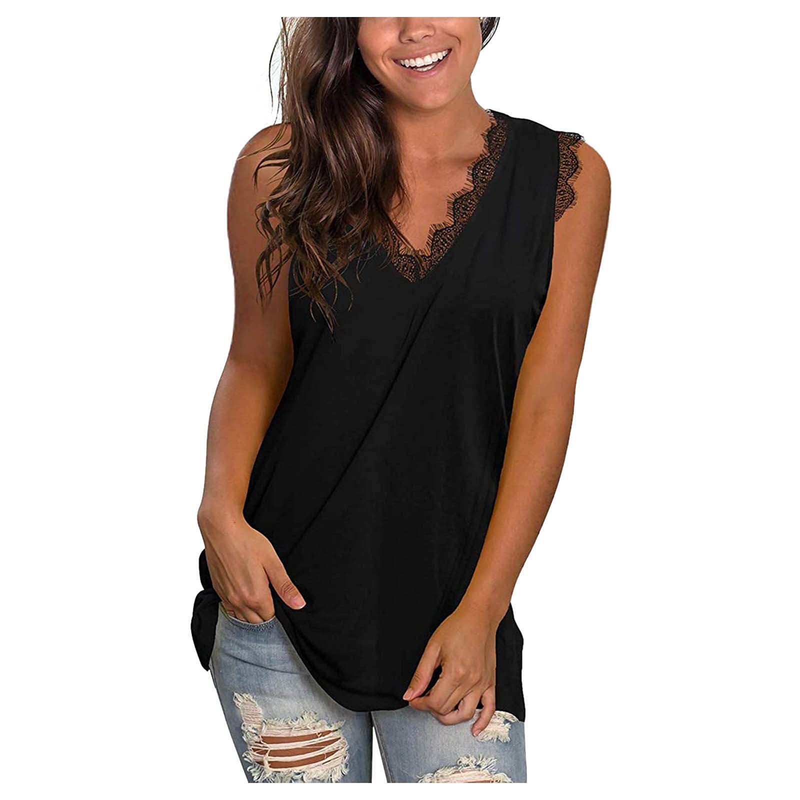 FMCHICO Women's Lace Trim V-Neck Sleeveless Blouse - Fashion Casual Tank Top for Summer, Beach, Party & Daily Wear