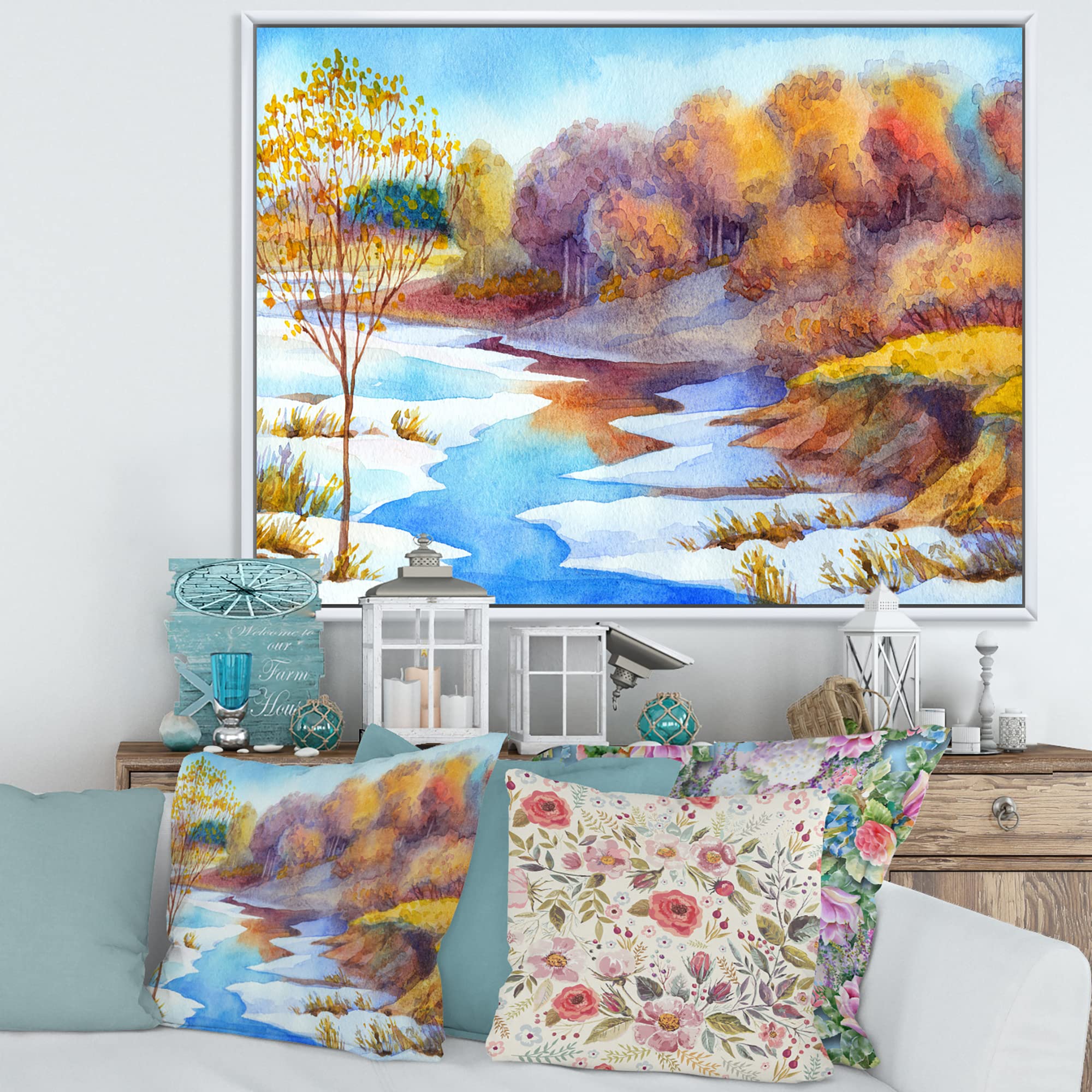 DesignQ Stream In Winter Forest Valley - Lake House Framed Canvas Wall Art Print for Living Room, Bedroom & Office Decor | Nature Landscape Painting for Home & Wall Decoration