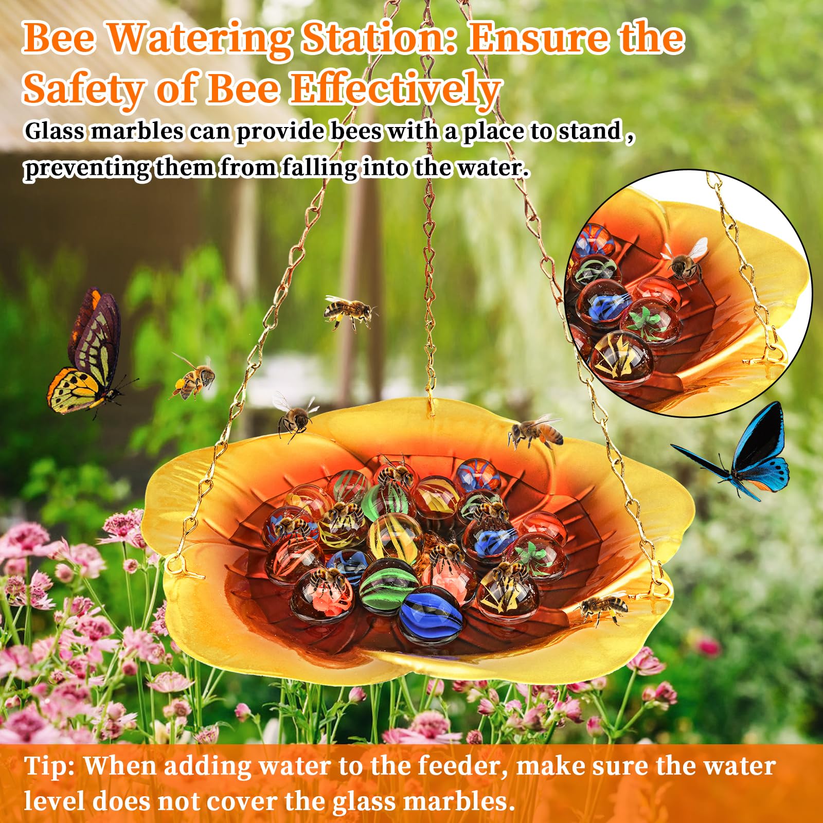 Bee Watering Station for Garden - Hummingbird & Bee Feeder with 30 Glass Marbles, Multi-Function Standing & Hanging Outdoor Waterer - Attract Pollinators to Your Backyard, Patio or Flower Garden
