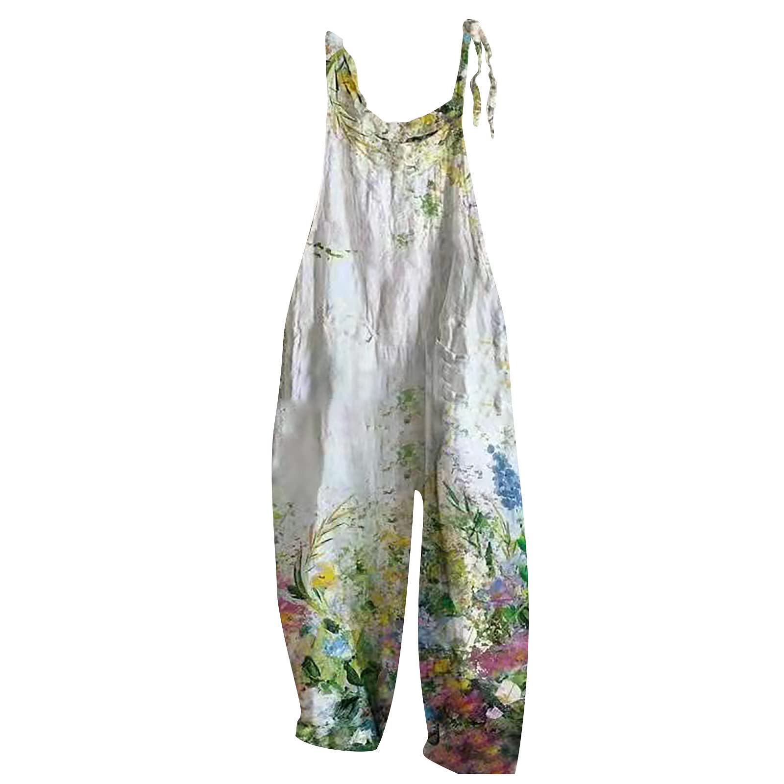 Women's Floral Cotton Jumpsuit - Sleeveless Spaghetti Strap Romper with Tie Detail for Casual Outings & Summer Parties | Cute Baggy Overalls for Ladies