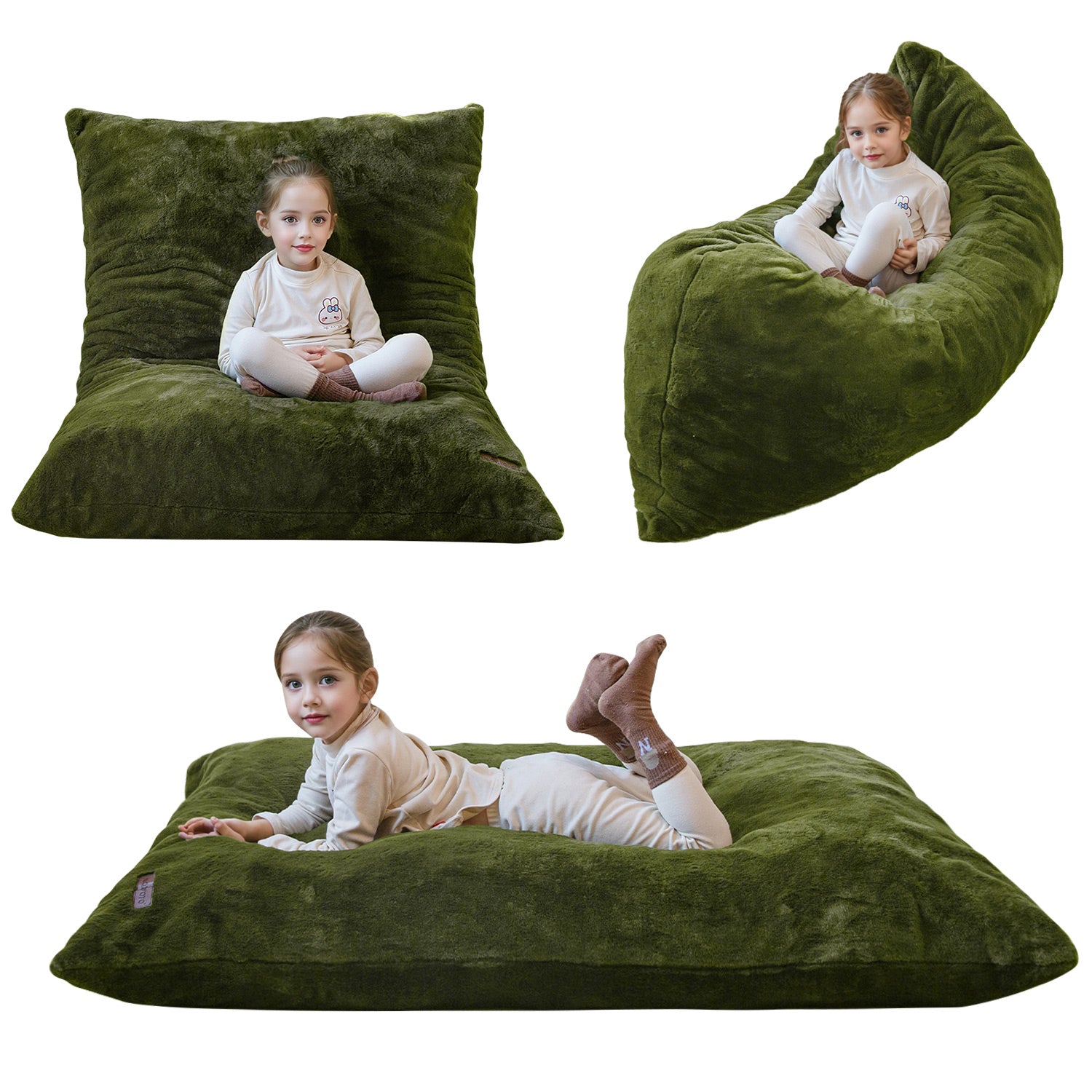 MAXYOYO 3-in-1 Kids Bean Bag Chair Bed - Soft Faux Fur Floor Sofa for Children, Gaming, Reading & Relaxing | Green Convertible Lounger for Bedroom, Playroom & Dorm