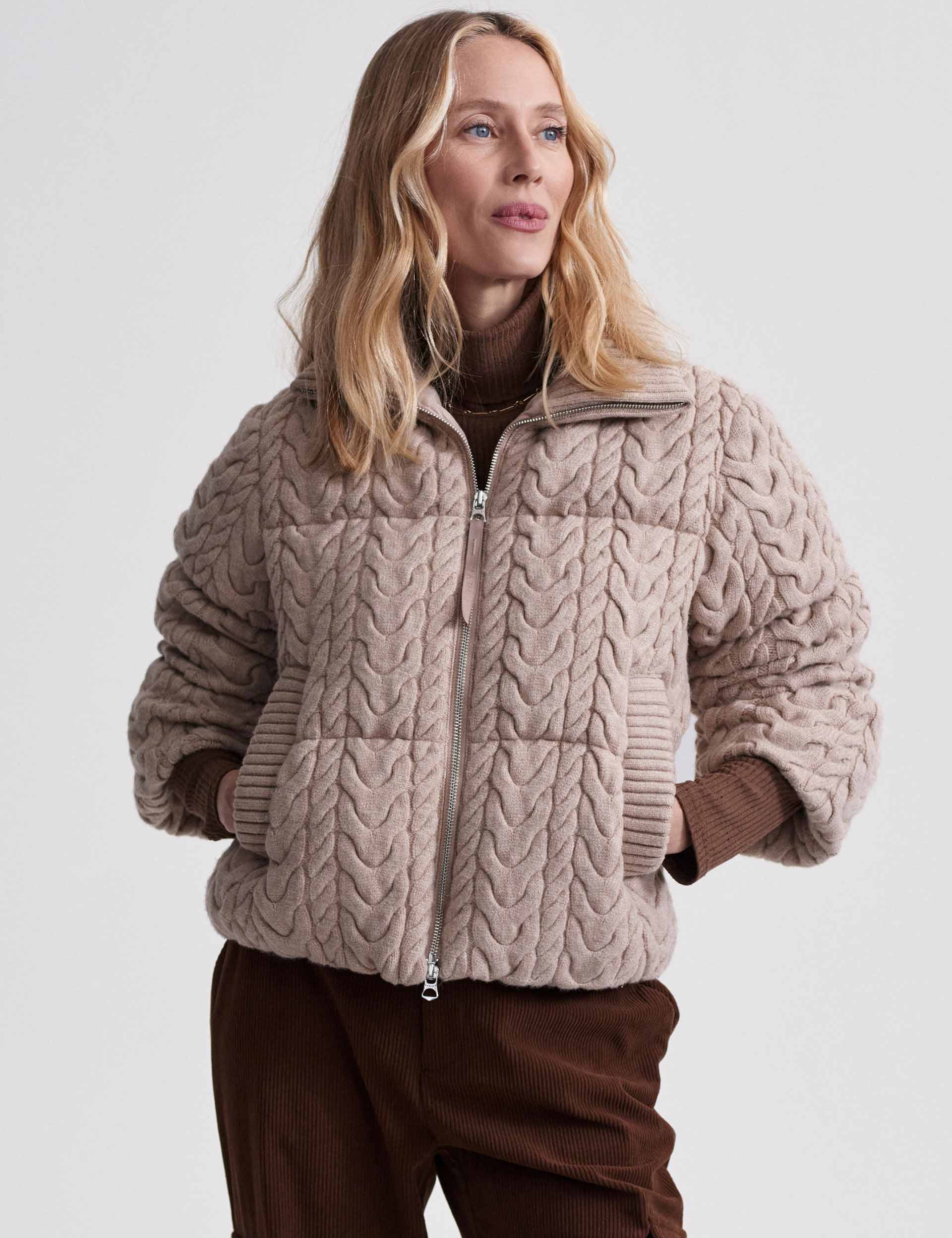 Reggie Cable Knit Puffer Jacket - Light Taupe Winter Coat for Women | Warm & Stylish Outerwear for Cold Weather, Outdoor Activities & Casual Wear